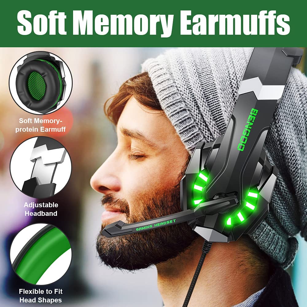 BENGOO G9000 Stereo Gaming Headset for PS4 PC Xbox One PS5 Controller, Noise Cancelling Over Ear Headphones with Mic, LED Light, 7.1 Surround Sound, Soft Memory Earmuffs for Nintendo Xbox Series X|S - Flex Gamingproduct_type