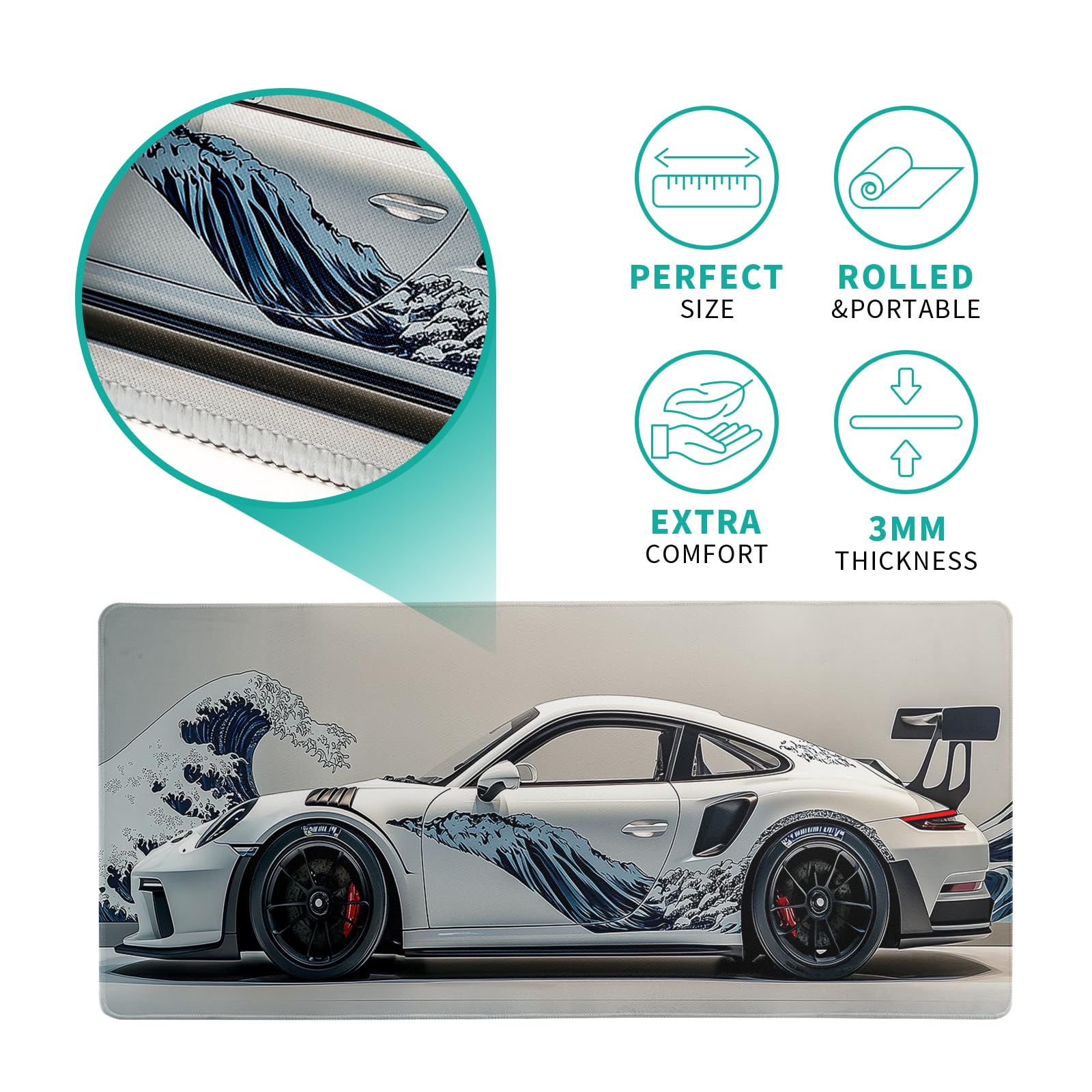 White Ukiyo-e Style Sports Car Large Gaming Mouse Pad Desktop Mat 31.5x11.8 Inch - Non-Slip Rubber Base - for Gamers - Perfect for Gamers & PC Enthusiasts - Flex Gamingproduct_type