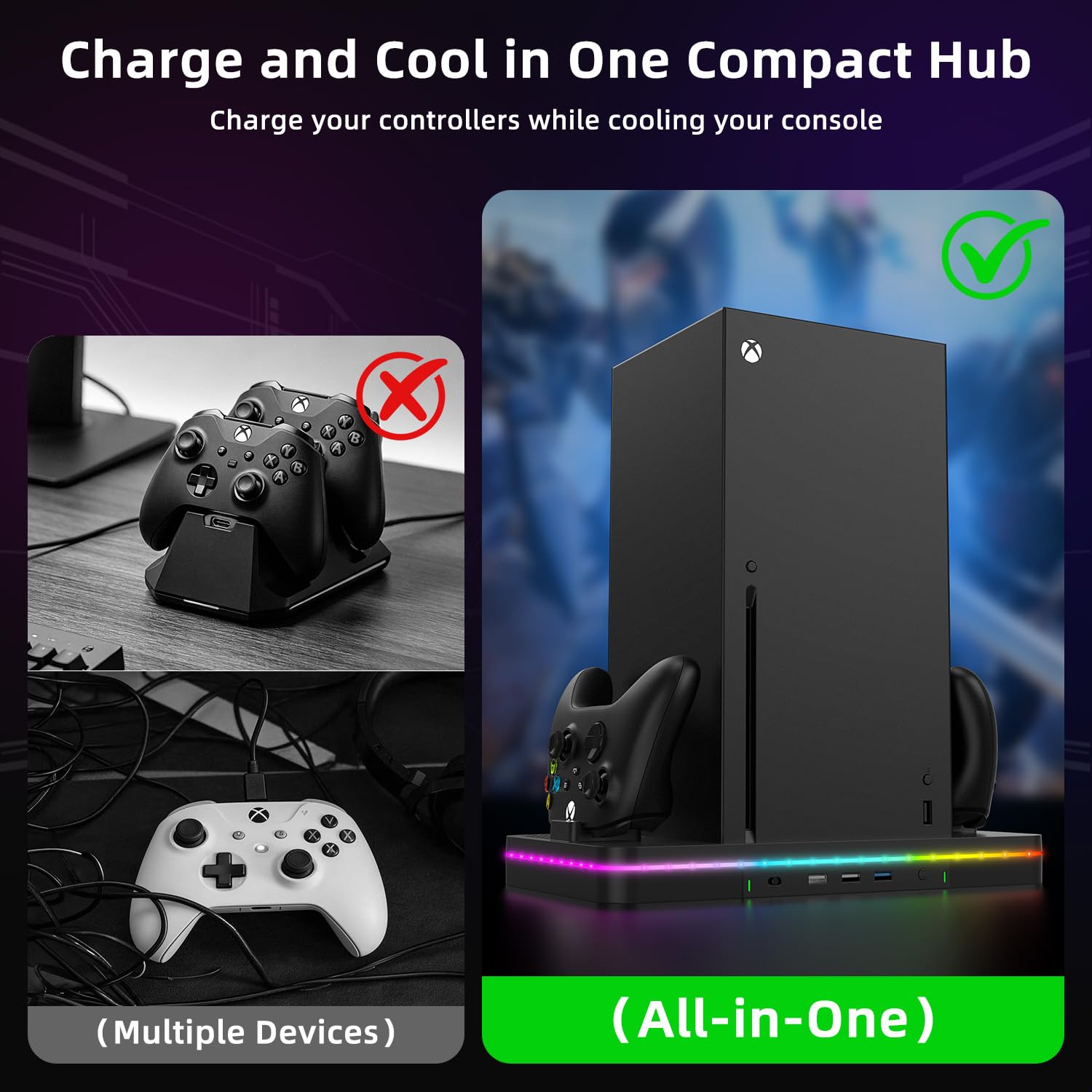 Charging Stand with Cooling Fan, CODOGOY Vertical Stand Compatible with Xbox Series X/S Console and Controller, Vertical Dual Controller Charger Station Dock Accessories with 3 USB Ports,Black - Flex Gamingproduct_type