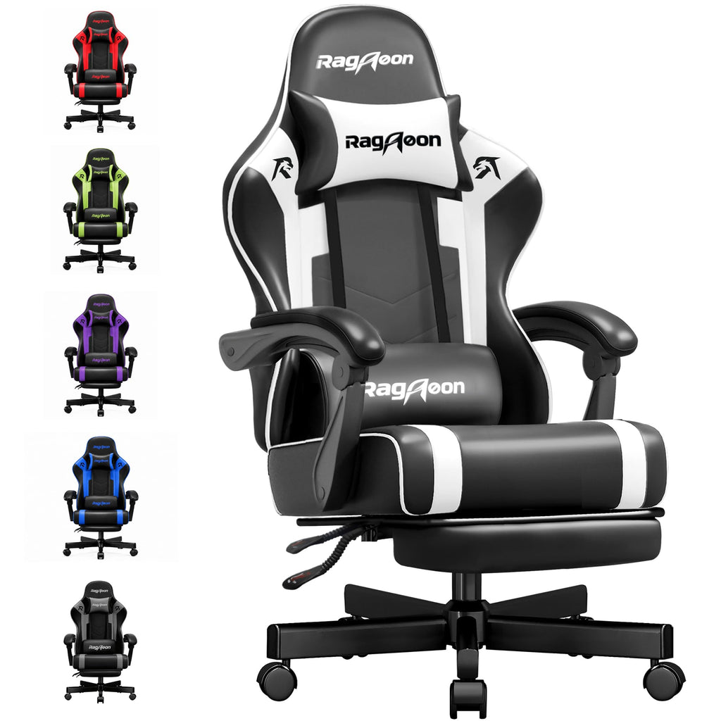 Gaming Chair for Adults Gamer Game Ergonomic PC Chair, 7-Point Support | Pocket Springs & Foam,51cm Wide Seat,Sync Armrests, 90°-135° Backrest, PU Leather, Black and White, 400lbs Load - Flex Gamingproduct_type