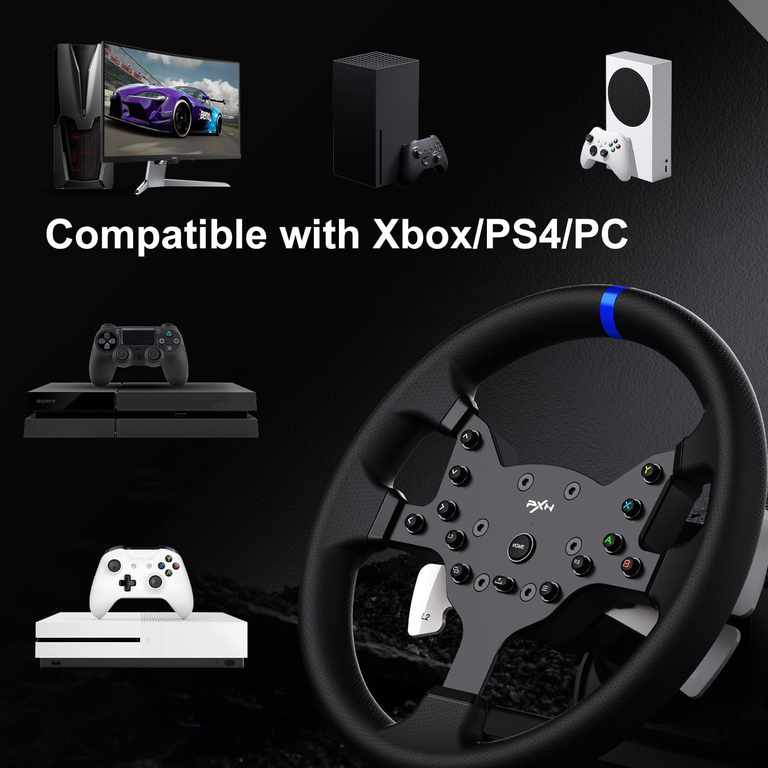 PXN V99 Force Feedback Racing Wheel, with Pedals and Shifter | Detachable 270°/900° Steering Wheel, Hall Pedals & H-Shifter - for PC, Xbox Series X|S, Xbox One, and PS4 - Flex Gamingproduct_type