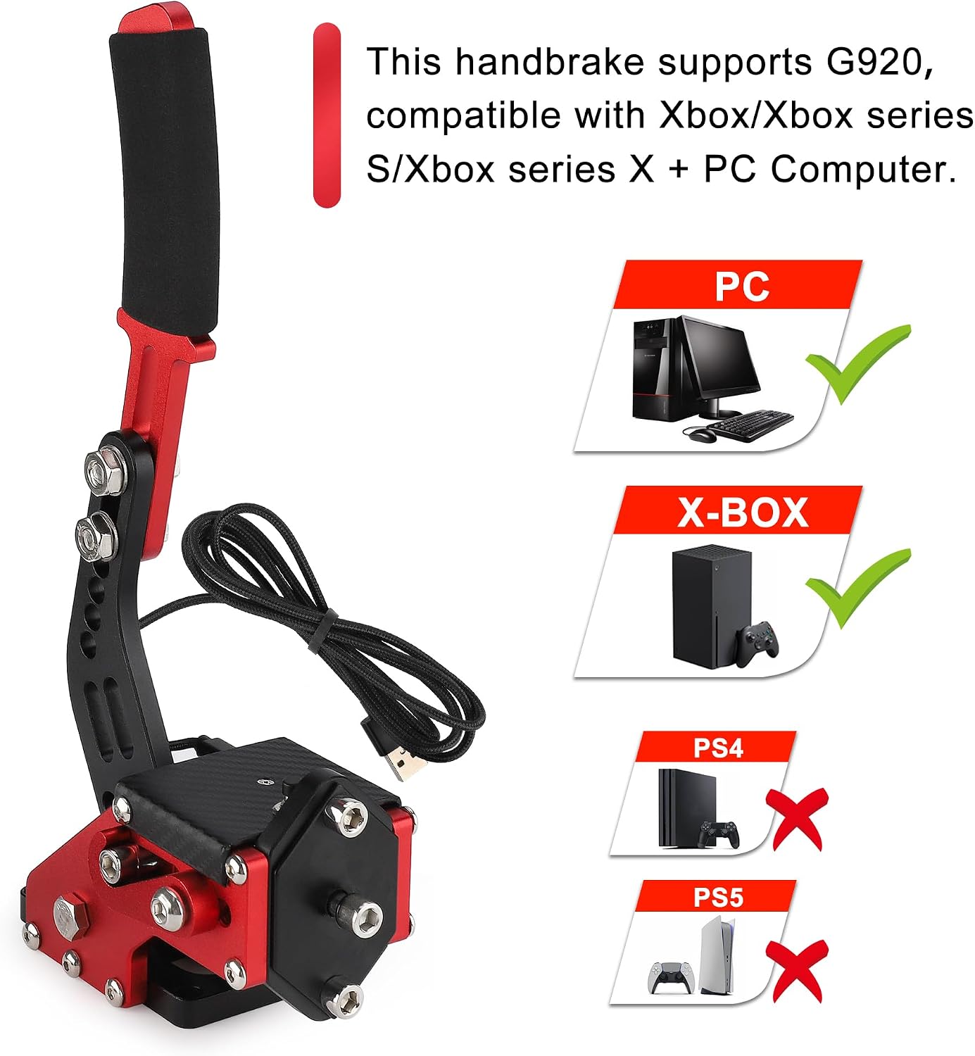 Upgrade 2-in-1 64 Bit USB Handbrake for G920 Compatible with Xbox/Xbox series S/Xbox series X + PC System for Simulated Racing Games with Non-Contact Plus Hall Sensor(Black+Red) - Flex Gamingproduct_type