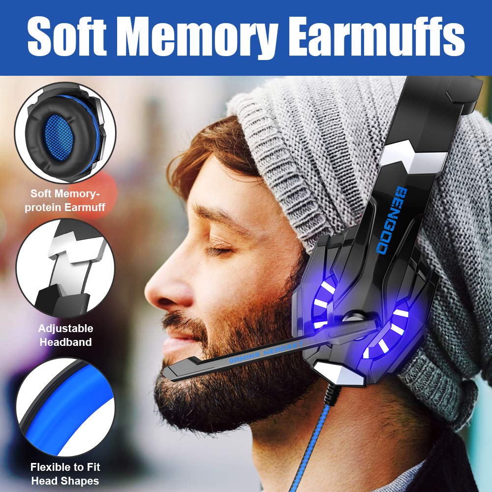 BENGOO G9000 Stereo Gaming Headset for PS4 PC Xbox One PS5 Controller, Noise Cancelling Over Ear Headphones with Mic, LED Light, 7.1 Surround Sound, Soft Memory Earmuffs for Nintendo Xbox Series X|S - Flex Gamingproduct_type