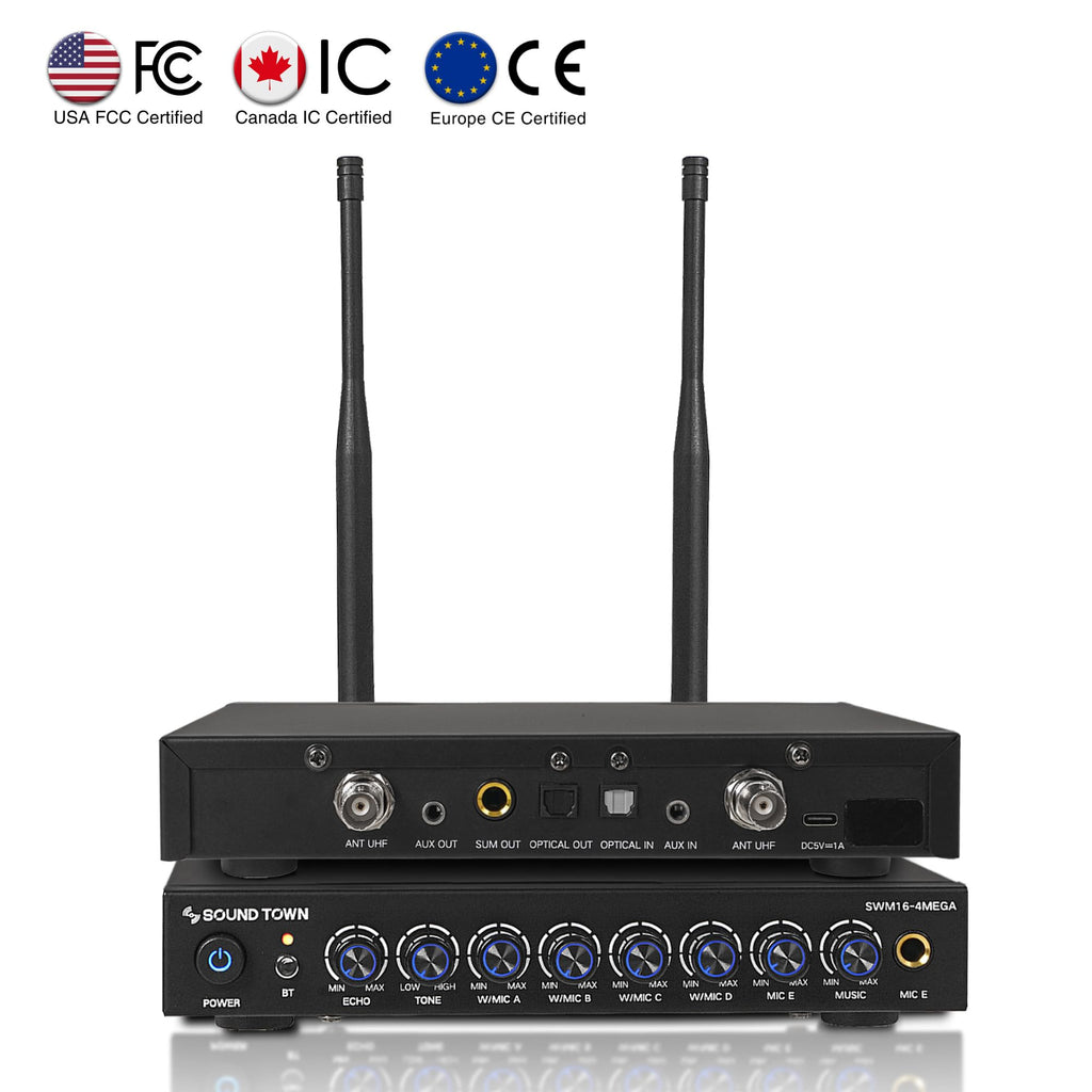 Sound Town Wireless Microphone Karaoke Mixer System with HD Audio Return Channel, Optical (Toslink), AUX, Supports Smart TV, Media Box, PC, Bluetooth, Soundbar, Receiver (SWM16-MAX) - Flex Gamingproduct_type