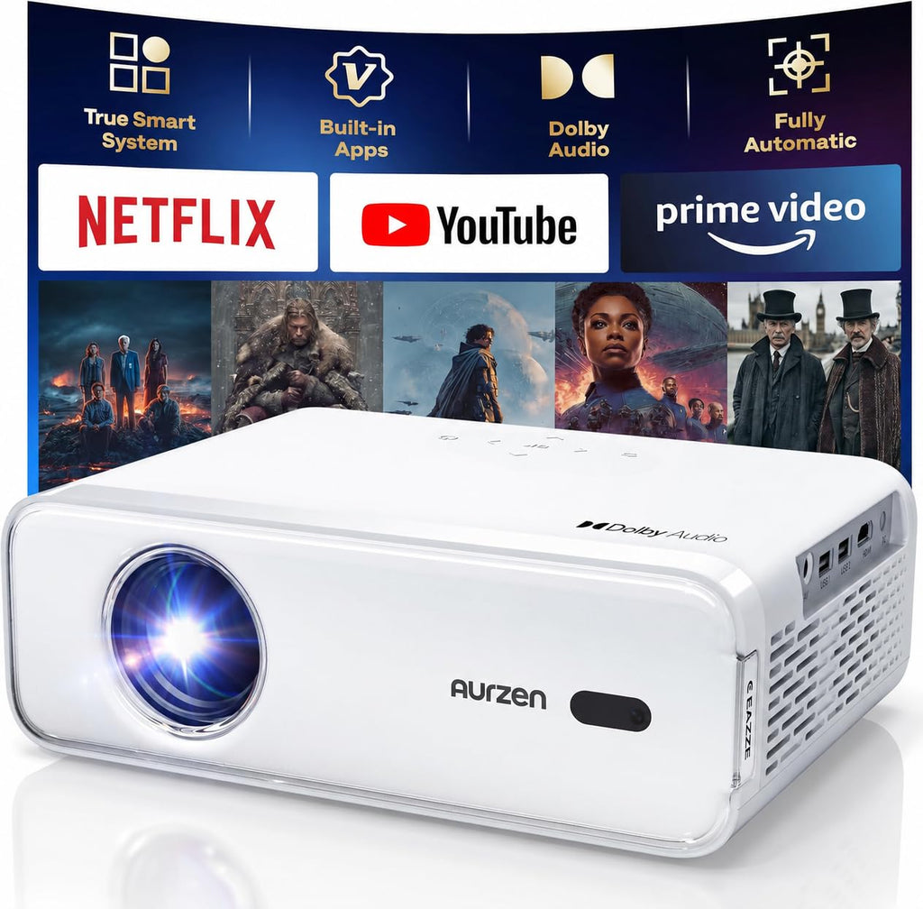 Aurzen Roku TV Smart Projector with Wifi and Bluetooth, Roku TV Built-in, 1080P FHD, DoIby Audio, Auto Focus & Keystone, Zoom, Movie Portable Outdoor Mini Projector for Soccer Football Game, White - Flex Gamingproduct_type