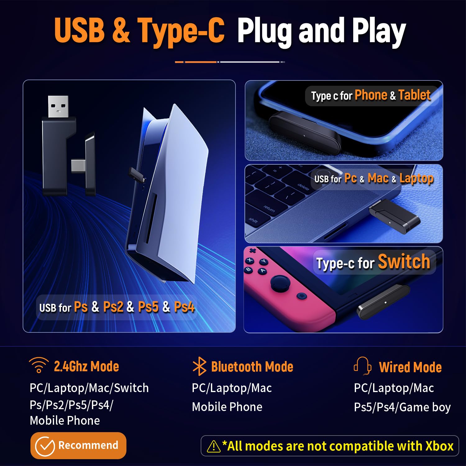 Ozeino 2.4GHz Wireless Gaming Headset for PC, Ps5, Ps4 - Lossless Audio USB & Type-C Ultra Stable Gaming Headphones with Flip Microphone, 40-Hr Battery Gamer Headset for Switch, Laptop, Mobile, Mac - Flex Gamingproduct_type