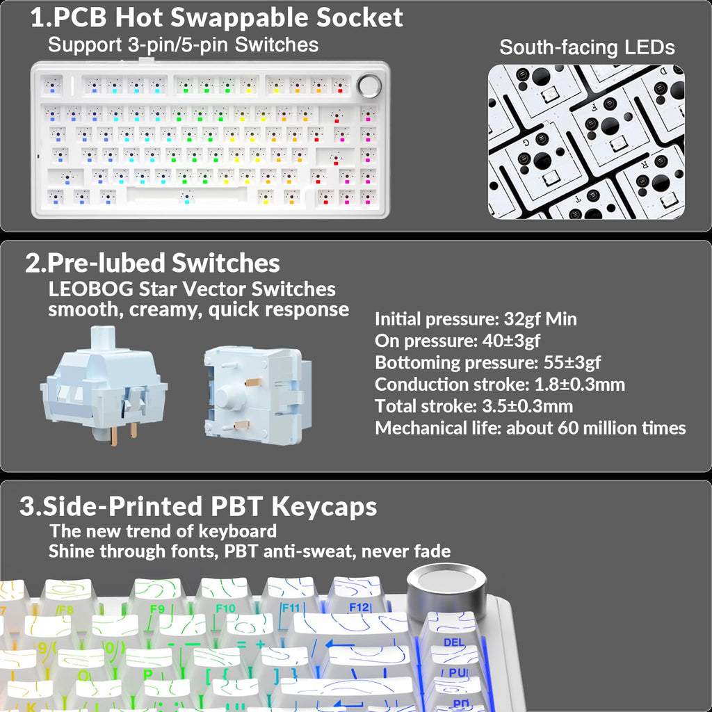 AULA F75 Pro Wireless Mechanical Keyboard,75% Hot Swappable Custom Keyboard with Knob,RGB Backlit,Pre-lubed Reaper Switches,Side Printed PBT Keycaps,2.4GHz/USB-C/BT5.0 Mechanical Gaming Keyboards - Flex Gamingproduct_type