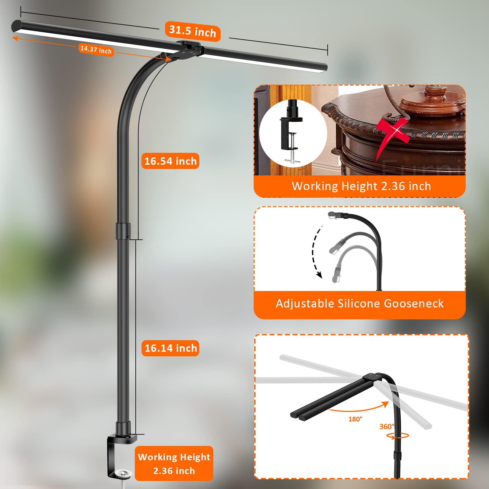 Double Head LED Desk Lamp, Architect Desk Lamps for Home Office, 24W Brightest Workbench Office Lighting-5 Color Modes and 5 Dimmable Eye Protection Modern Desk Lamp for Monitor Reading - Flex Gamingproduct_type