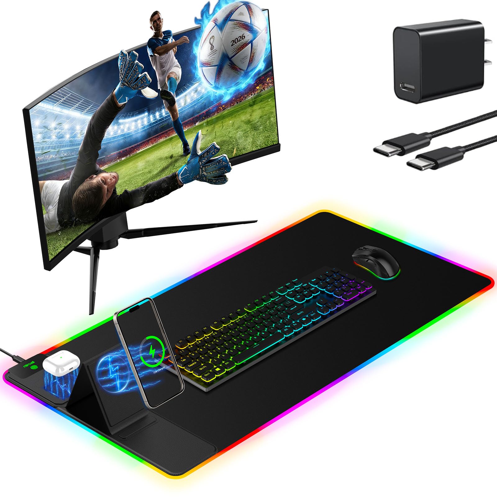 XXL Mouse Pad with Phone Holder - Black, RGB Desk Mat with 15W Fast Charging, LED Gaming Mousepad with 11 Light Colors, Waterproof Non-Slip Pad for Office & Home (Wave) - Flex Gamingproduct_type