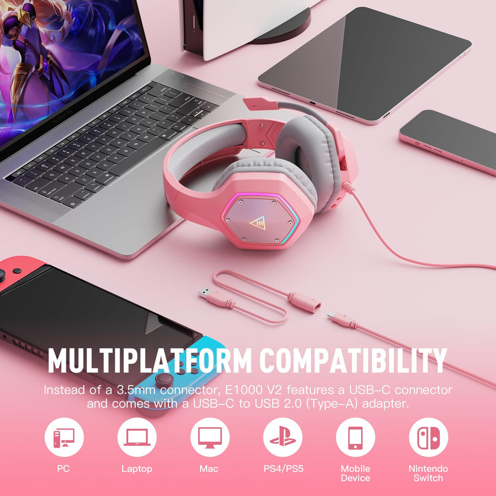 EKSA E1000 USB Gaming Headset for PC, Computer Headphones with Microphone/Mic Noise Cancelling, 7.1 Surround Sound, RGB Light - Wired Headphones for PS4, PS5 Console, Laptop, Call Center - Flex Gamingproduct_type