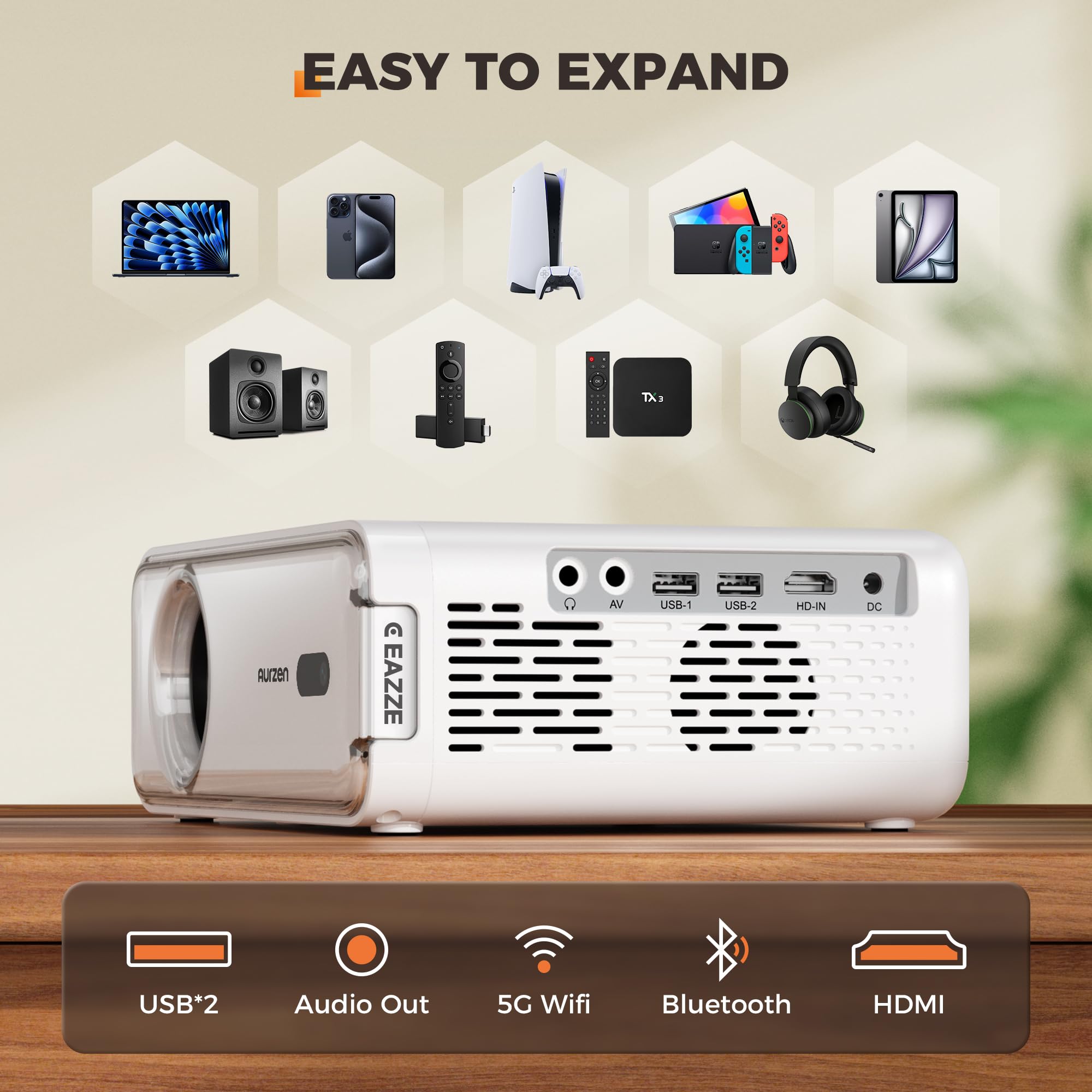 Aurzen Roku TV Smart Projector with Wifi and Bluetooth, Roku TV Built-in, 1080P FHD, DoIby Audio, Auto Focus & Keystone, Zoom, Movie Portable Outdoor Mini Projector for Soccer Football Game, White - Flex Gamingproduct_type