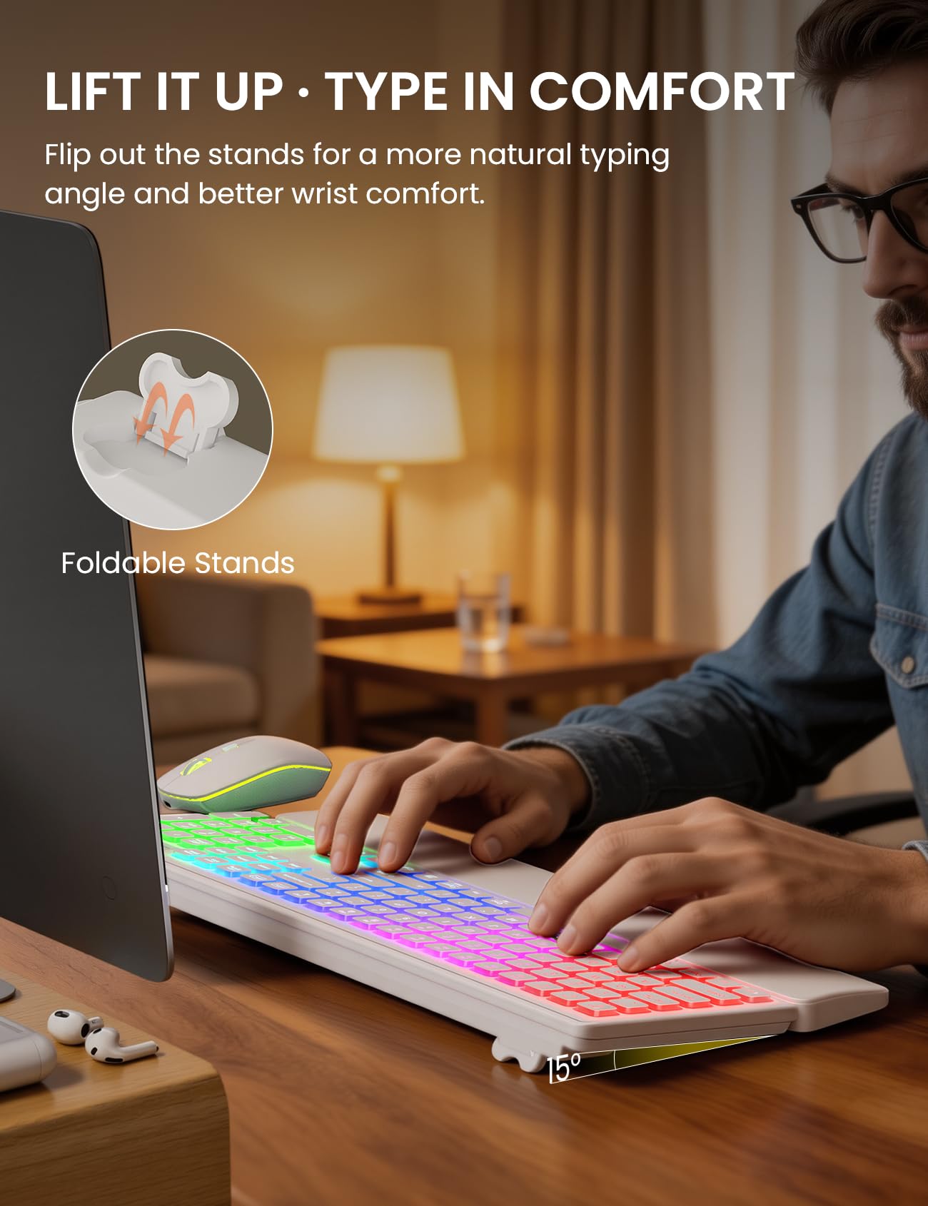 Wireless Keyboard and Mouse Combo, RGB Backlit, Rechargeable & Light Up Letters, Full-Size, Soft Typing, Sleep Mode, 2.4GHz Quiet Keyboard Set for Mac, Windows, Laptop, PC, Trueque KM42Pro (Black) - Flex Gamingproduct_type