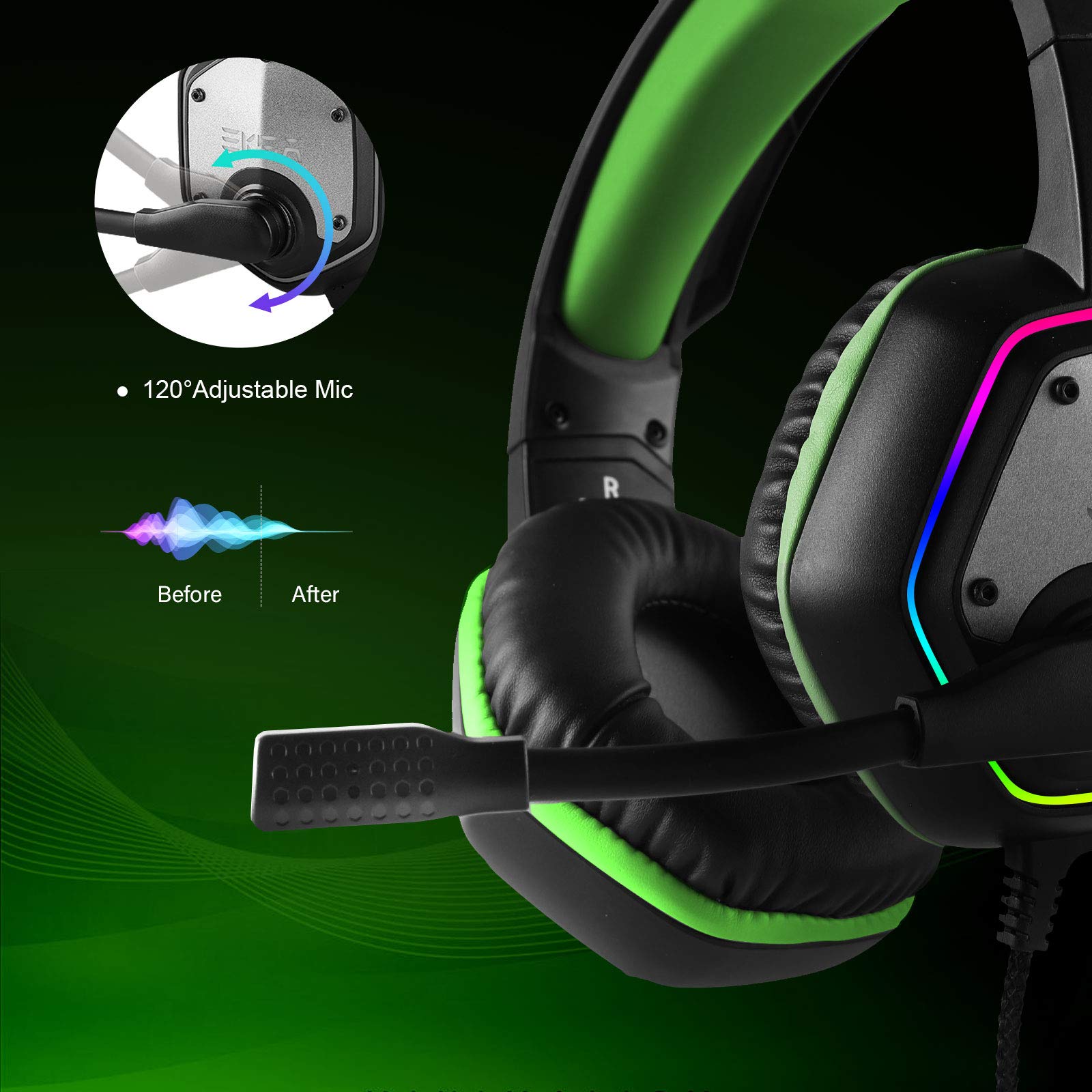 EKSA E1000 USB Gaming Headset for PC, Computer Headphones with Microphone/Mic Noise Cancelling, 7.1 Surround Sound, RGB Light - Wired Headphones for PS4, PS5 Console, Laptop, Call Center - Flex Gamingproduct_type