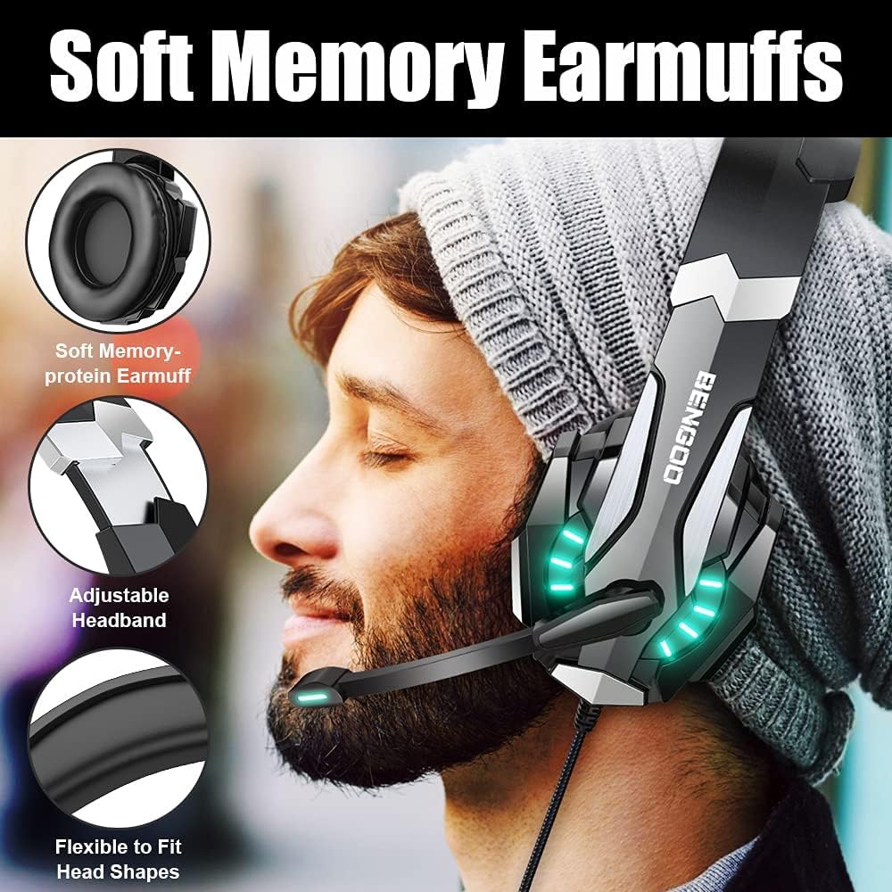 BENGOO G9000 Stereo Gaming Headset for PS4 PC Xbox One PS5 Controller, Noise Cancelling Over Ear Headphones with Mic, LED Light, 7.1 Surround Sound, Soft Memory Earmuffs for Nintendo Xbox Series X|S - Flex Gamingproduct_type