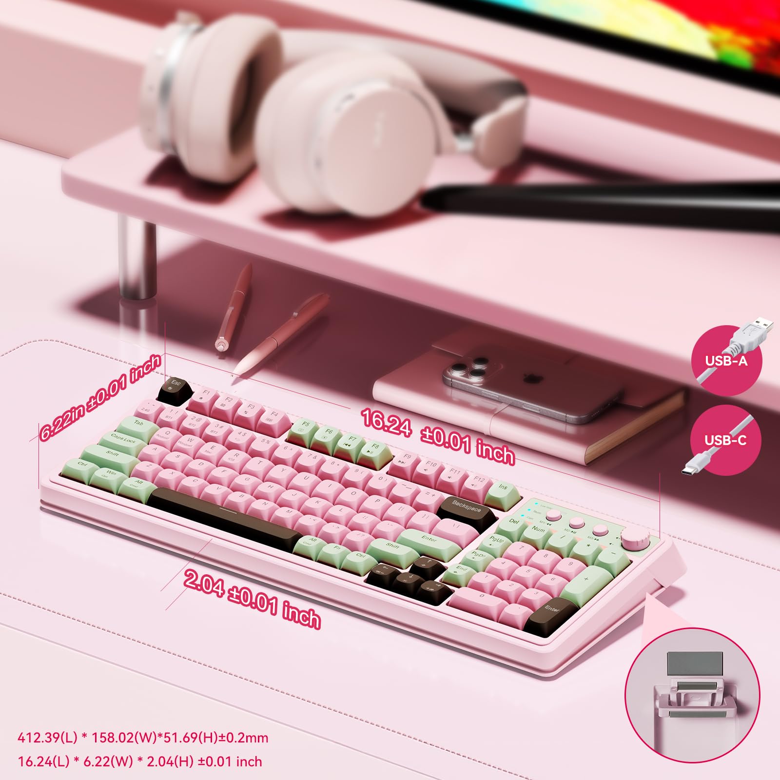AULA 99 Key Keyboard, Wireless Gaming Keyboard Bluetooth Computer Keyboards Creamy Cute with Number Pad RGB Backlit Tri-Mode BT/2.4GHz/USB-C - Pink - Flex Gamingproduct_type