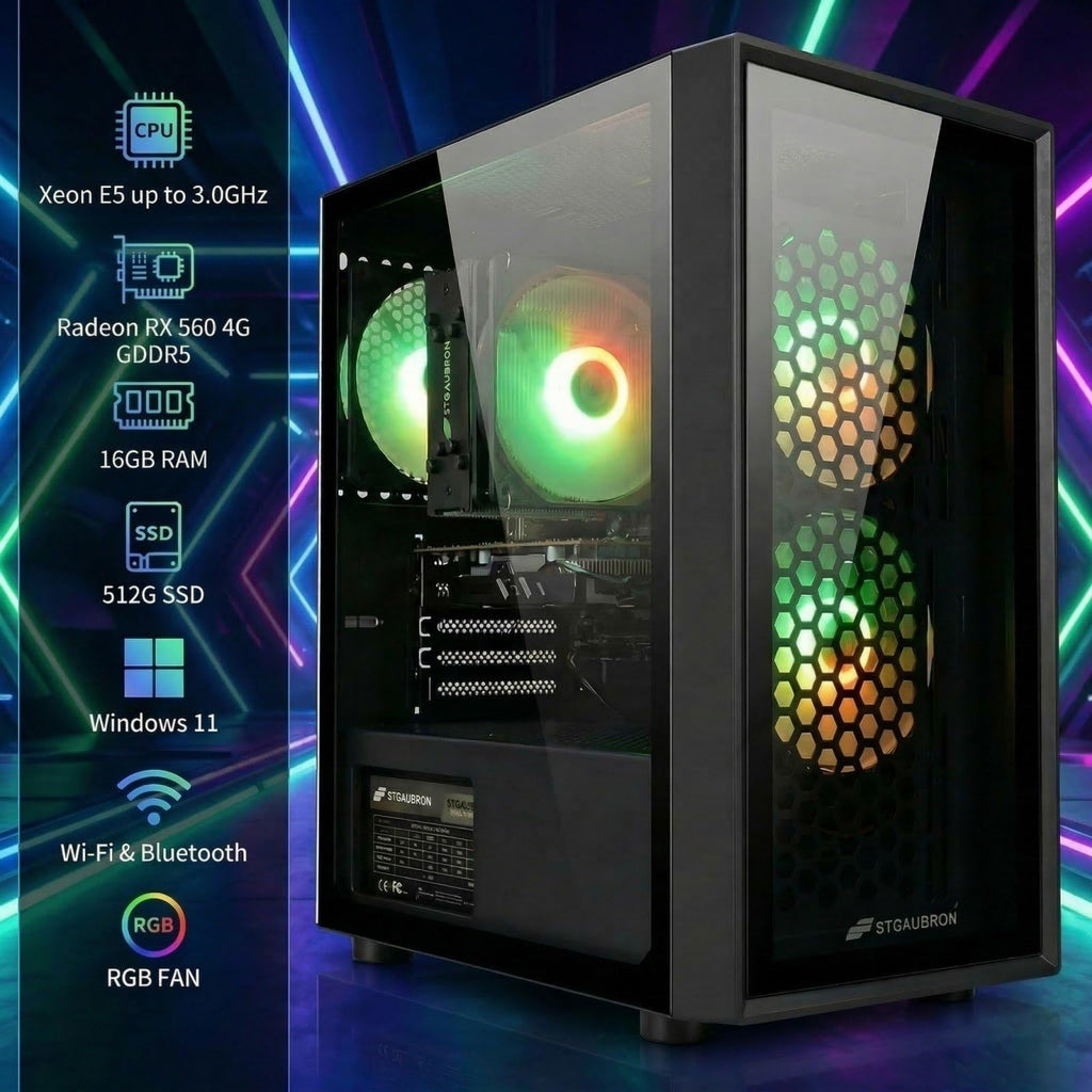 STGAubron Gaming PC Desktop Computer, Intel Core i7 up to 3.9GHz, Radeon RX 580 8G, 16G RAM, 512G SSD, WiFi 6, BT 5.0, RGB Fan x4, Windows 11 Home - Flex Gamingproduct_type