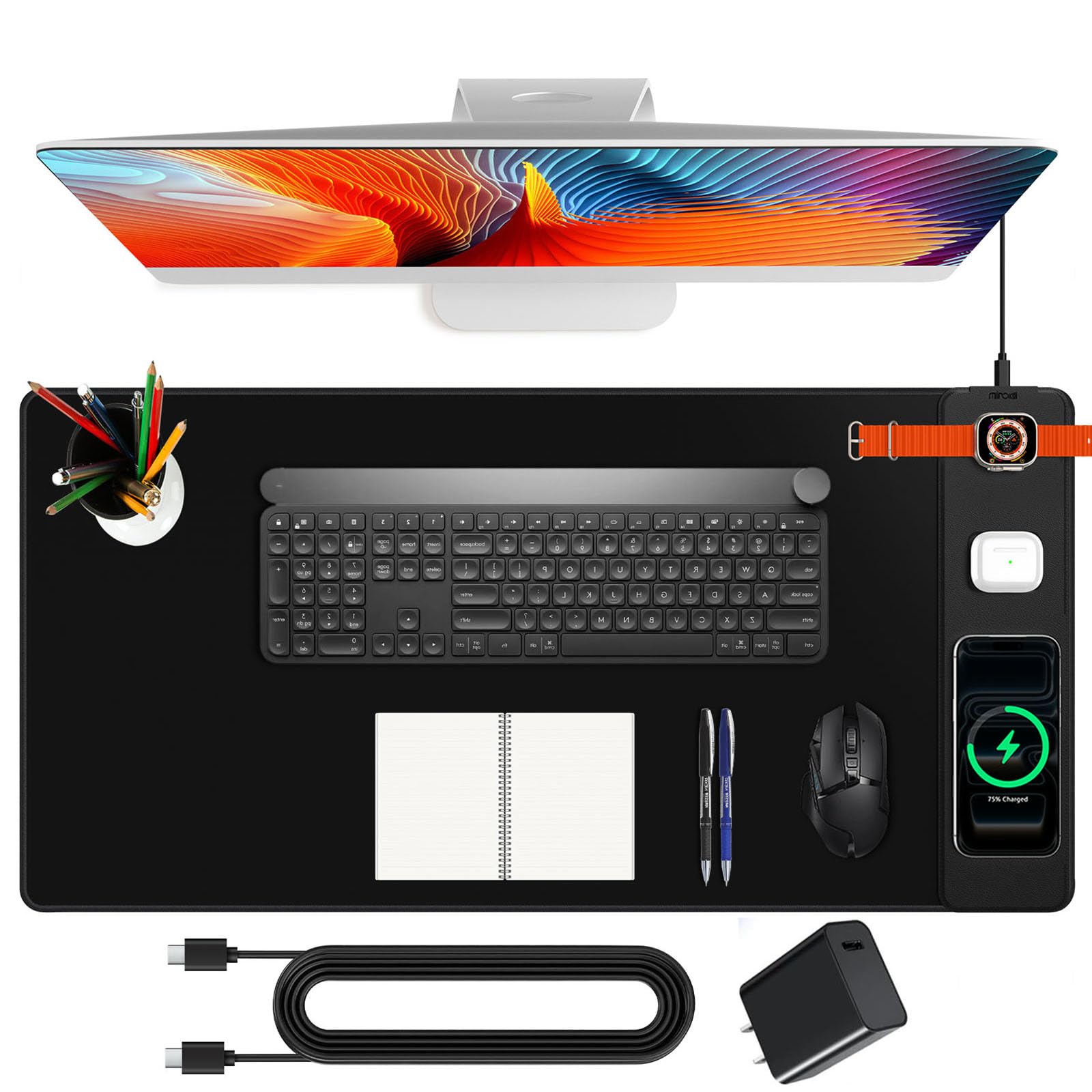 XXL Mouse Pad with Phone Holder - Black, RGB Desk Mat with 15W Fast Charging, LED Gaming Mousepad with 11 Light Colors, Waterproof Non-Slip Pad for Office & Home (Wave) - Flex Gamingproduct_type