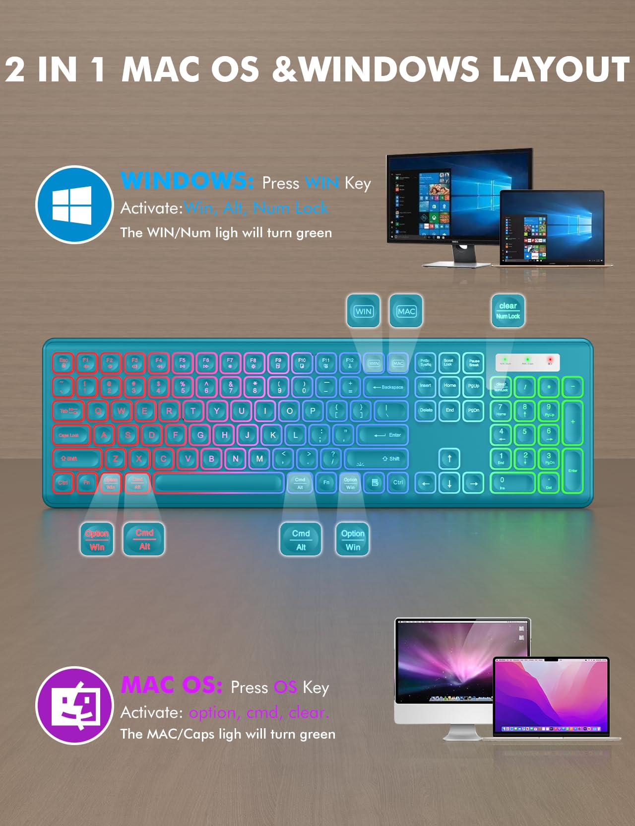 Wireless Keyboard and Mouse Combo, RGB Backlit, Rechargeable & Light Up Letters, Full-Size, Soft Typing, Sleep Mode, 2.4GHz Quiet Keyboard Set for Mac, Windows, Laptop, PC, Trueque KM42Pro (Black) - Flex Gamingproduct_type