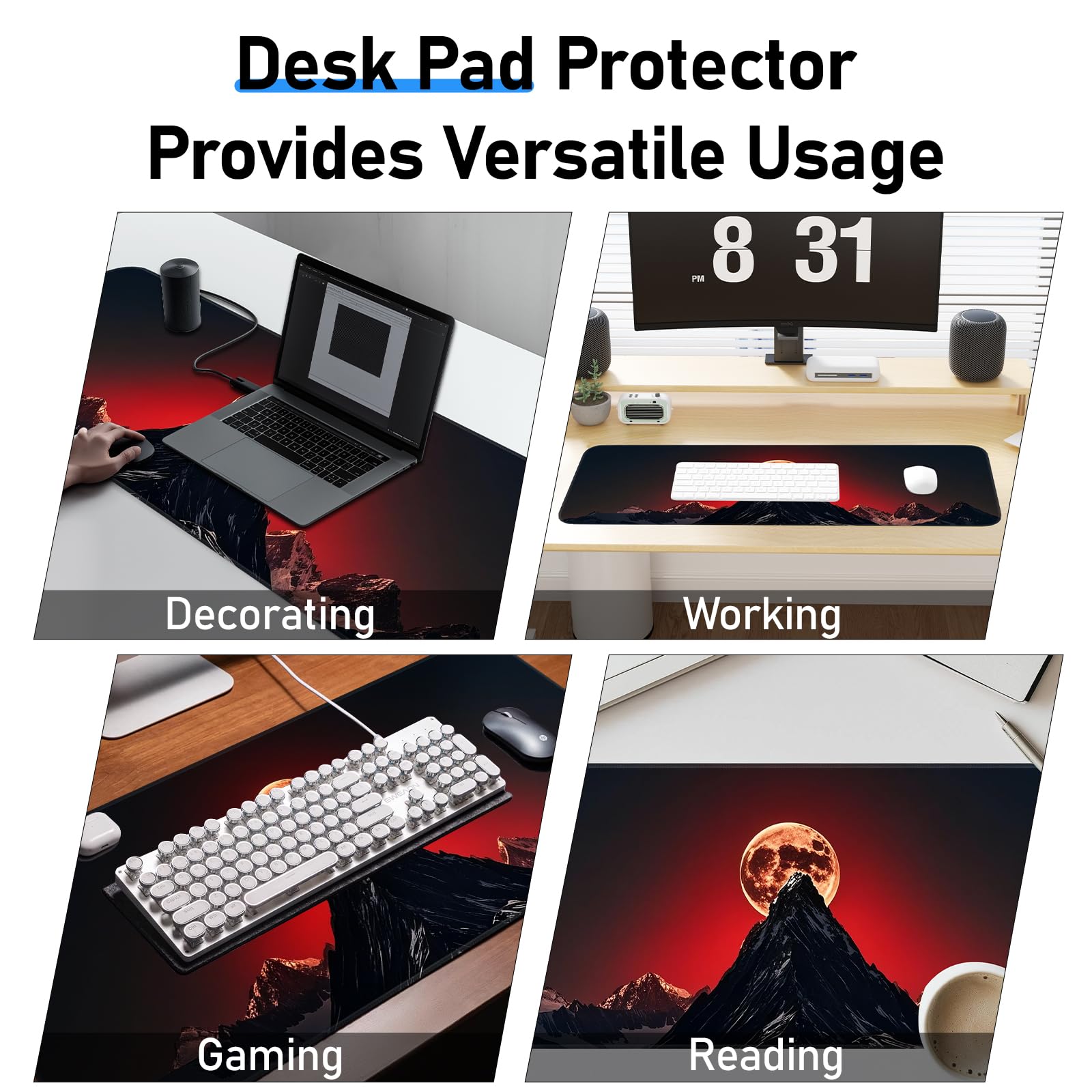 Japanese Dark Red Moon Gaming Mouse Pad, Extended Mouse Pad with Non-Slip Base, Full Keyboard Pad with Stitched Edges, Large Desk Pad for Gaming, Office, Home 31.5 x 11.8 Inch - Flex Gamingproduct_type