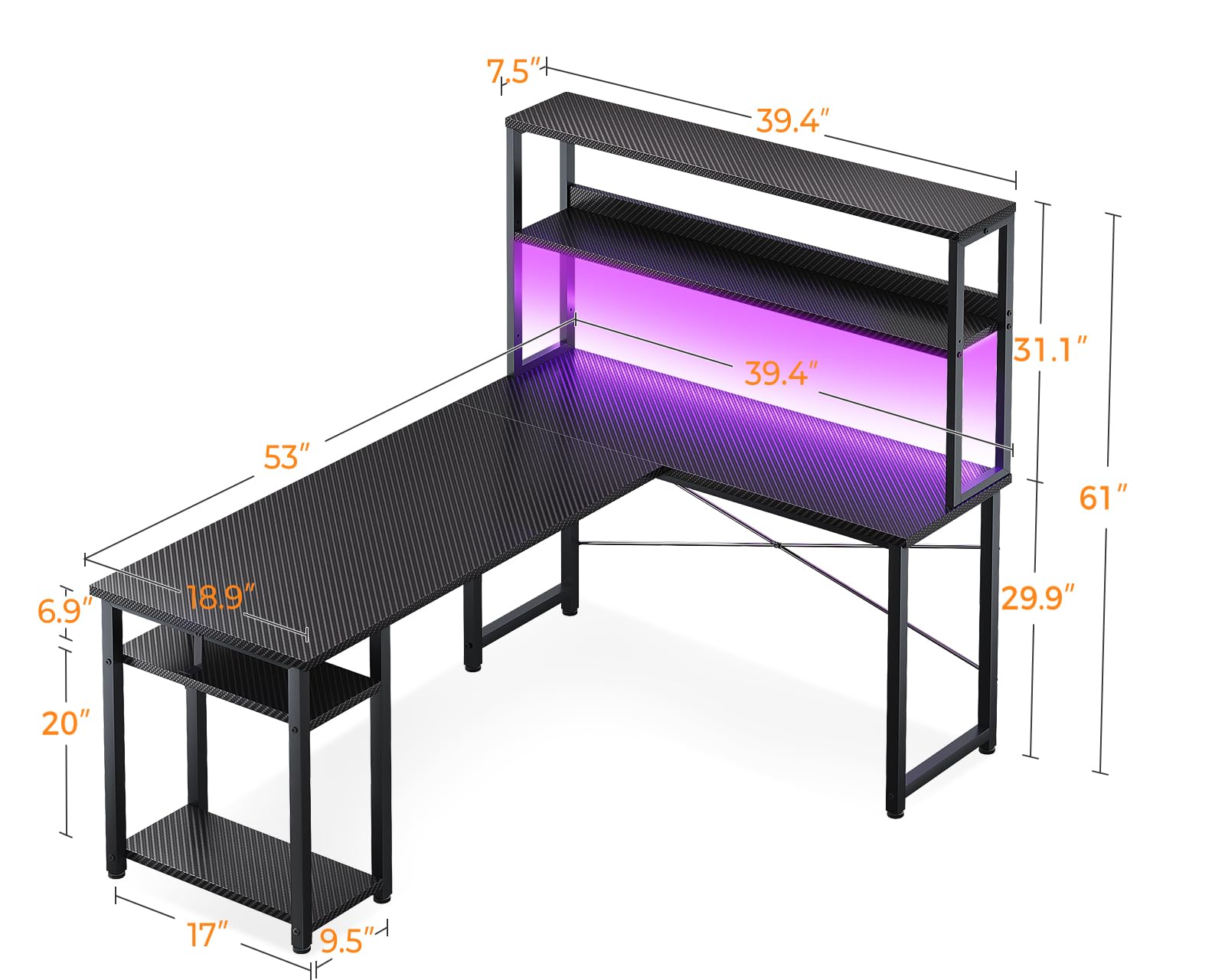 ODK 53" L Shaped Gaming Desk with Hutch & Headphone Hook, Corner Computer Table with Storage Shelves for Home Office, Black - Flex Gamingproduct_type