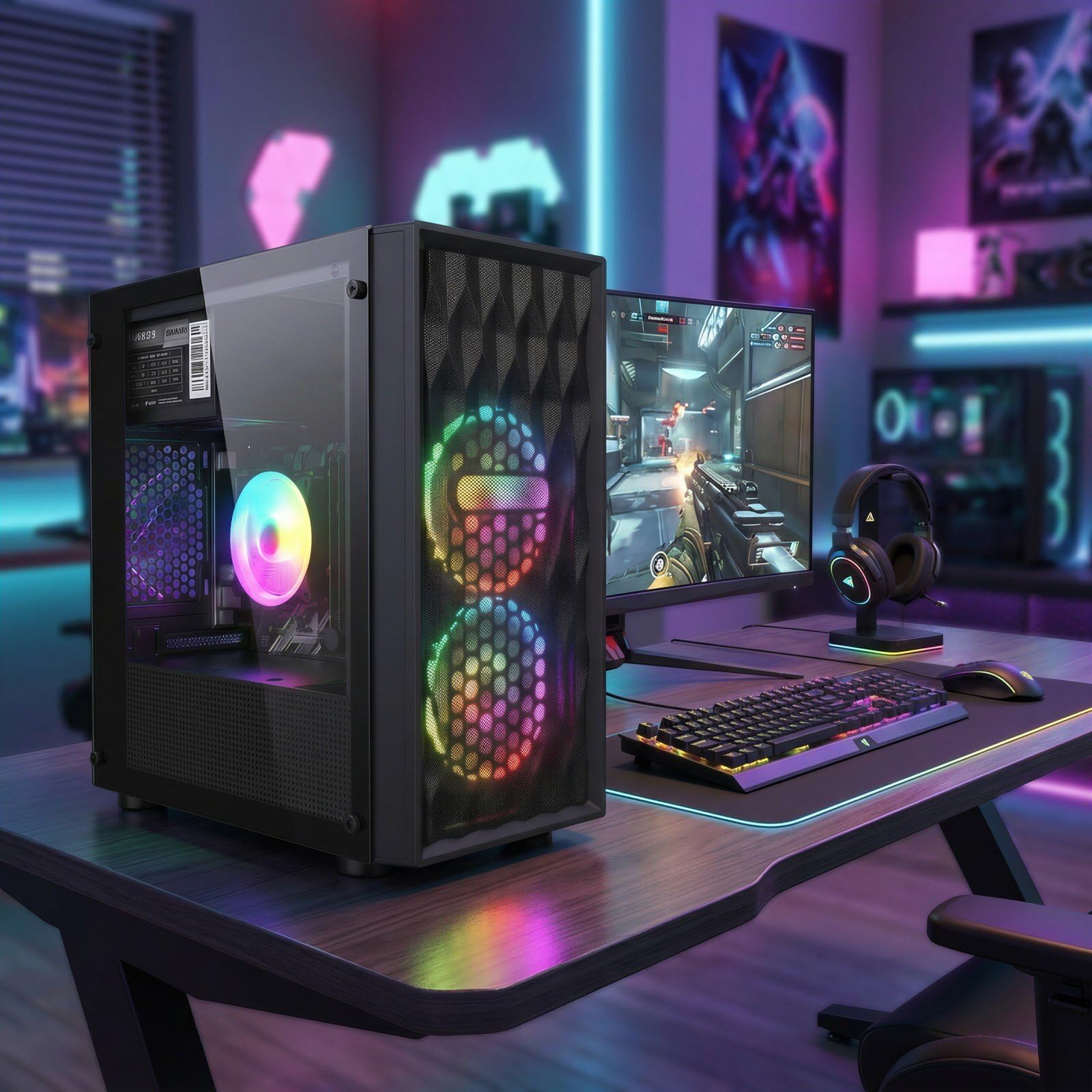 STGAubron Gaming PC Desktop Computer, Intel Core i7 up to 3.9GHz, Radeon RX 580 8G, 16G RAM, 512G SSD, WiFi 6, BT 5.0, RGB Fan x4, Windows 11 Home - Flex Gamingproduct_type