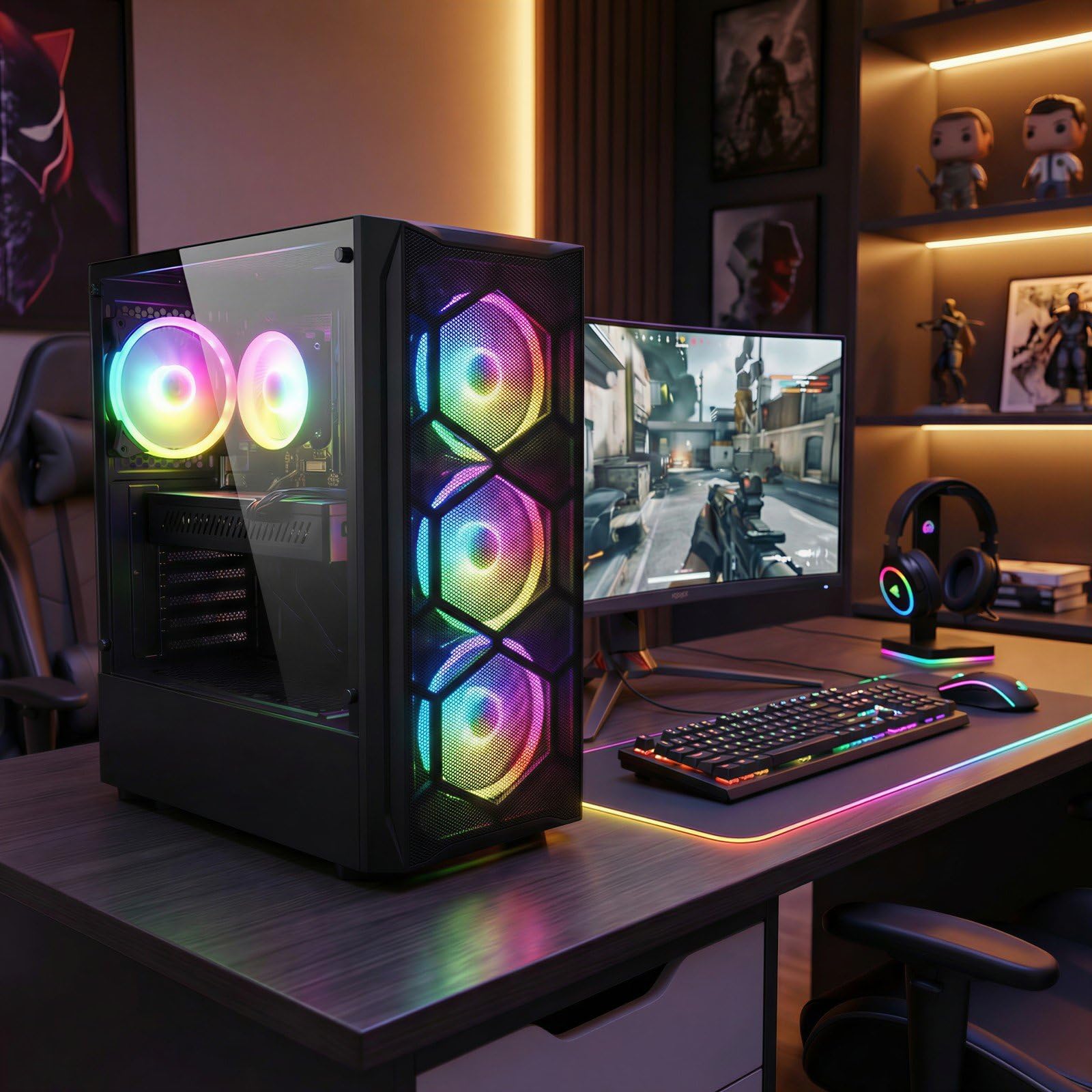 STGAubron Gaming PC Desktop Computer, Intel Core i7 up to 3.9GHz, Radeon RX 580 8G, 16G RAM, 512G SSD, WiFi 6, BT 5.0, RGB Fan x4, Windows 11 Home - Flex Gamingproduct_type