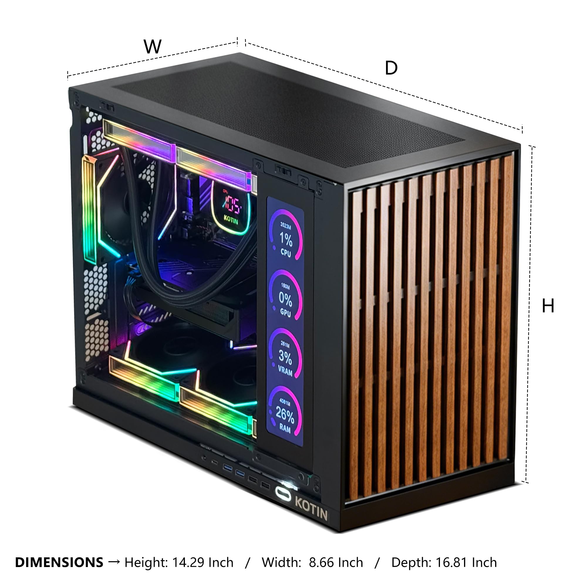 KOTIN Prebuilt Gaming PC RTX 5070 12GB, Ryzen 7 9700X, 32GB DDR5, 1TB SSD | 11.3in Secondary Display, 850W 80+ Gold PSU, 360mm Liquid Cooler, WiFi 7, 1440p 4K ARGB Windows 11 Gaming Desktop Computer - Flex Gamingproduct_type