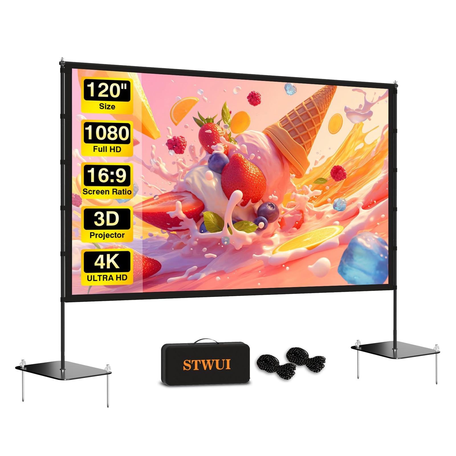 STWUI Outdoor-Projector-Screen-with-Stand - 120 inch Portable Projector Screen Indoor Outdoor Projector Screens 16:9 4K HD Lightweight Movie Screen with Carry Bag for Backyard Movie Night - Flex Gamingproduct_type