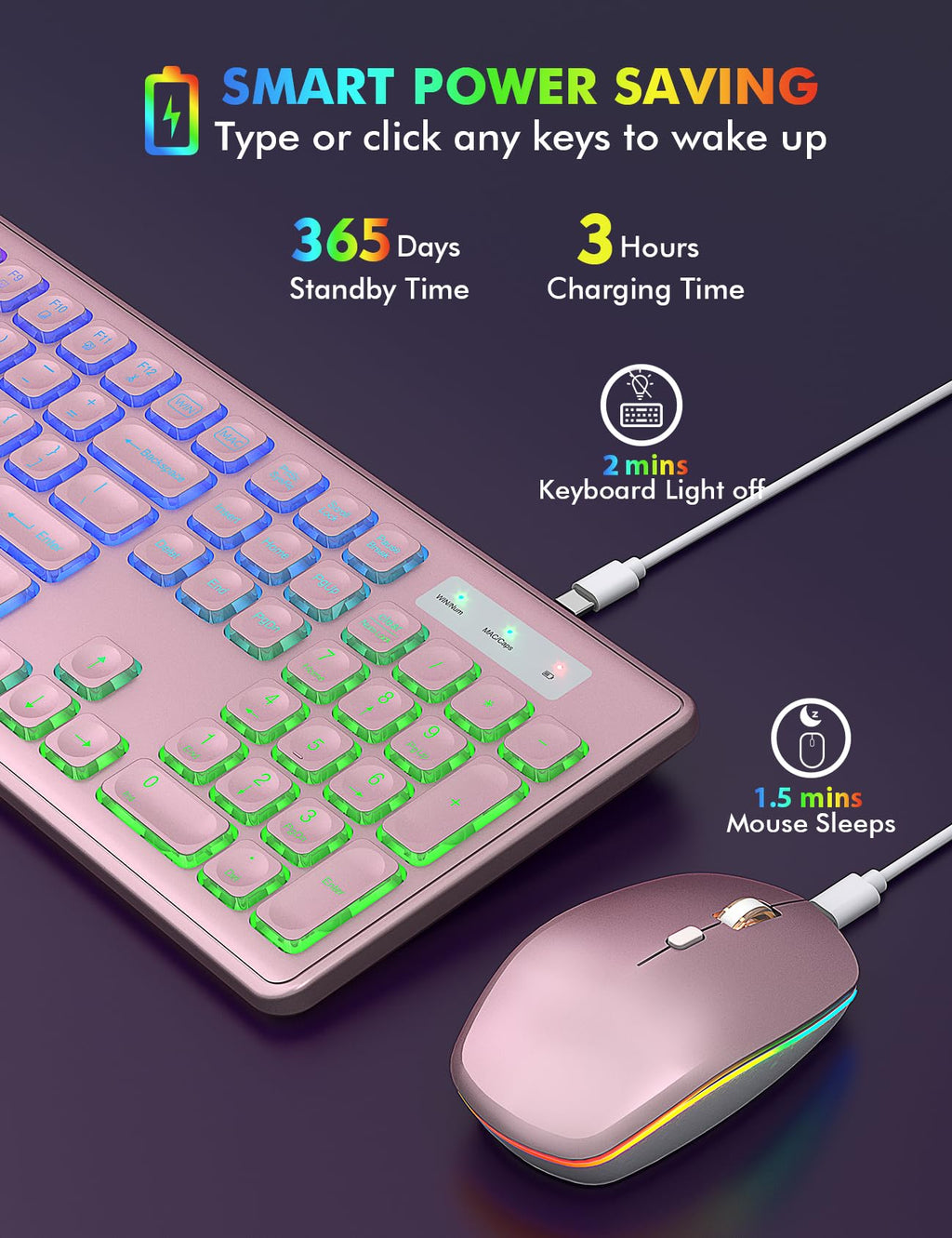 Wireless Keyboard and Mouse Combo, RGB Backlit, Rechargeable & Light Up Letters, Full-Size, Soft Typing, Sleep Mode, 2.4GHz Quiet Keyboard Set for Mac, Windows, Laptop, PC, Trueque KM42Pro (Black) - Flex Gamingproduct_type