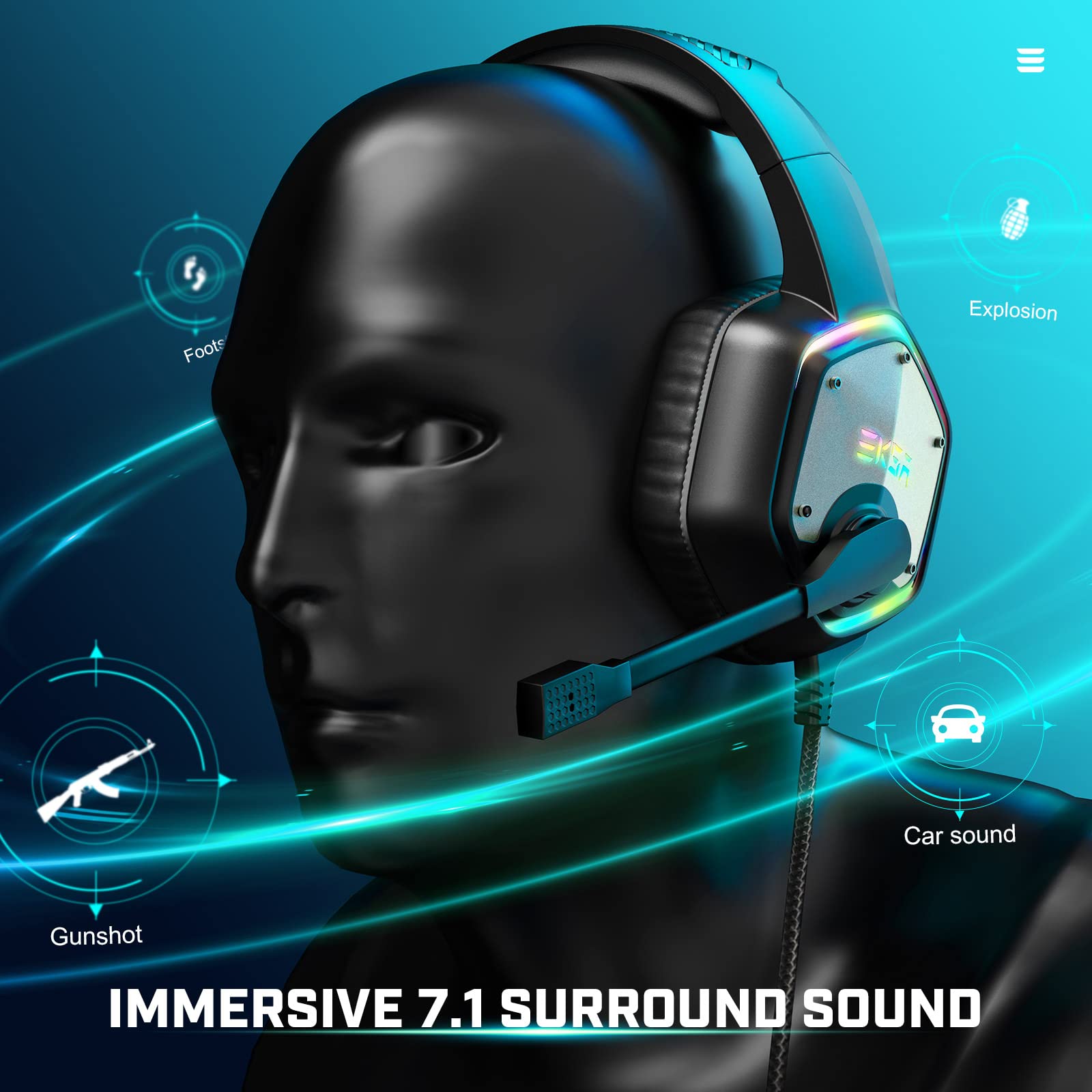 EKSA E1000 USB Gaming Headset for PC, Computer Headphones with Microphone/Mic Noise Cancelling, 7.1 Surround Sound, RGB Light - Wired Headphones for PS4, PS5 Console, Laptop, Call Center - Flex Gamingproduct_type