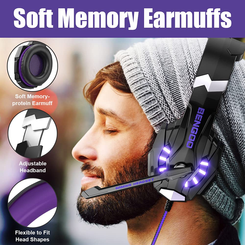 BENGOO G9000 Stereo Gaming Headset for PS4 PC Xbox One PS5 Controller, Noise Cancelling Over Ear Headphones with Mic, LED Light, 7.1 Surround Sound, Soft Memory Earmuffs for Nintendo Xbox Series X|S - Flex Gamingproduct_type