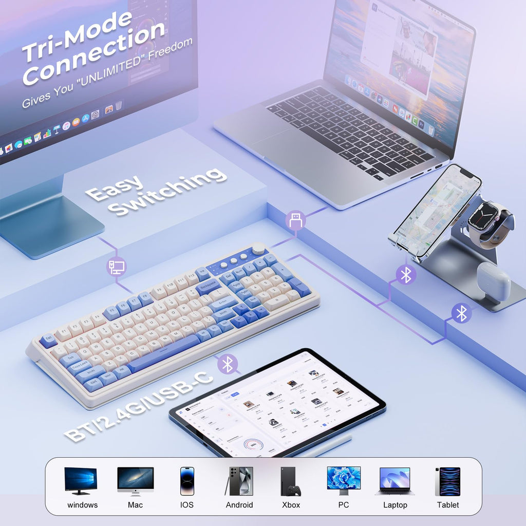 AULA 99 Key Keyboard, Wireless Gaming Keyboard Bluetooth Computer Keyboards Creamy Cute with Number Pad RGB Backlit Tri-Mode BT/2.4GHz/USB-C - Pink - Flex Gamingproduct_type