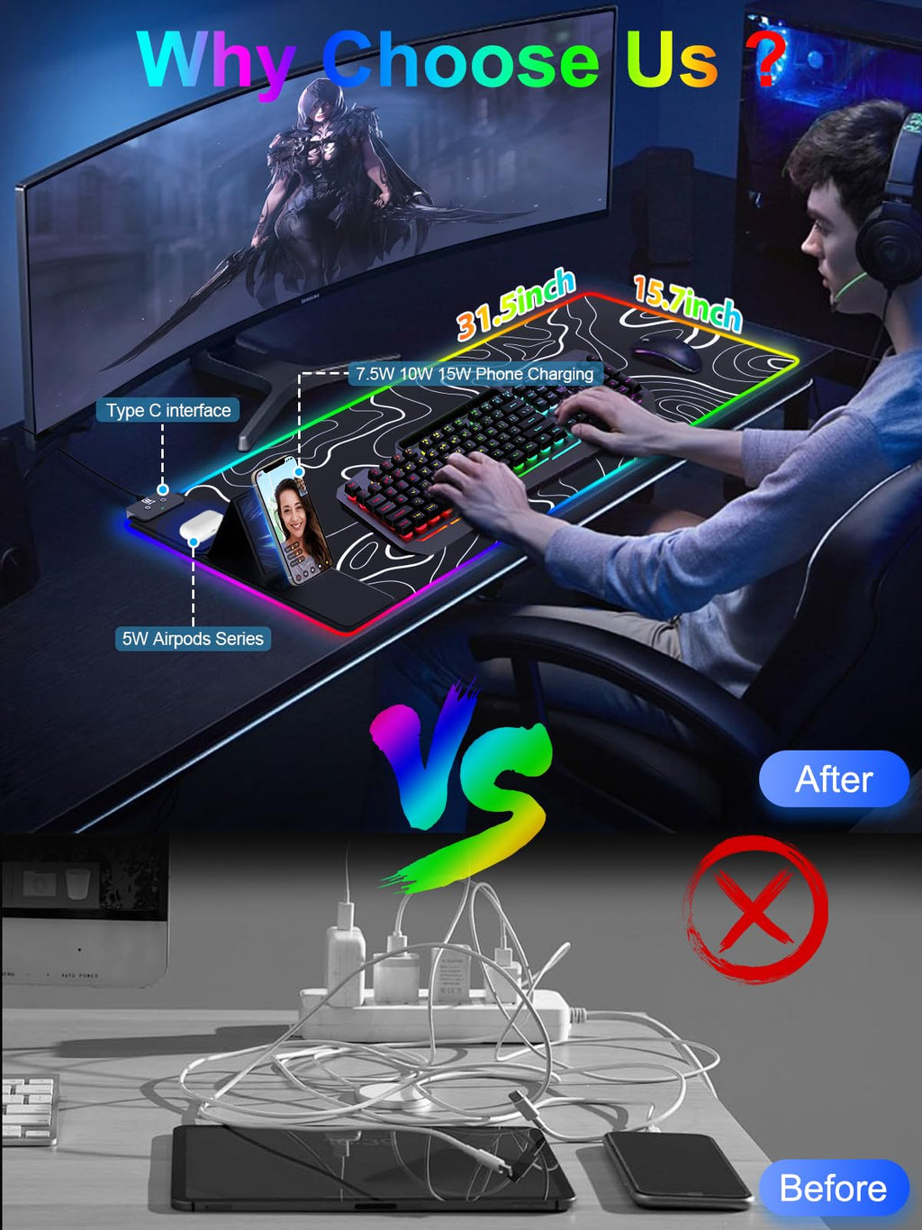 XXL Mouse Pad with Phone Holder - Black, RGB Desk Mat with 15W Fast Charging, LED Gaming Mousepad with 11 Light Colors, Waterproof Non-Slip Pad for Office & Home (Wave) - Flex Gamingproduct_type