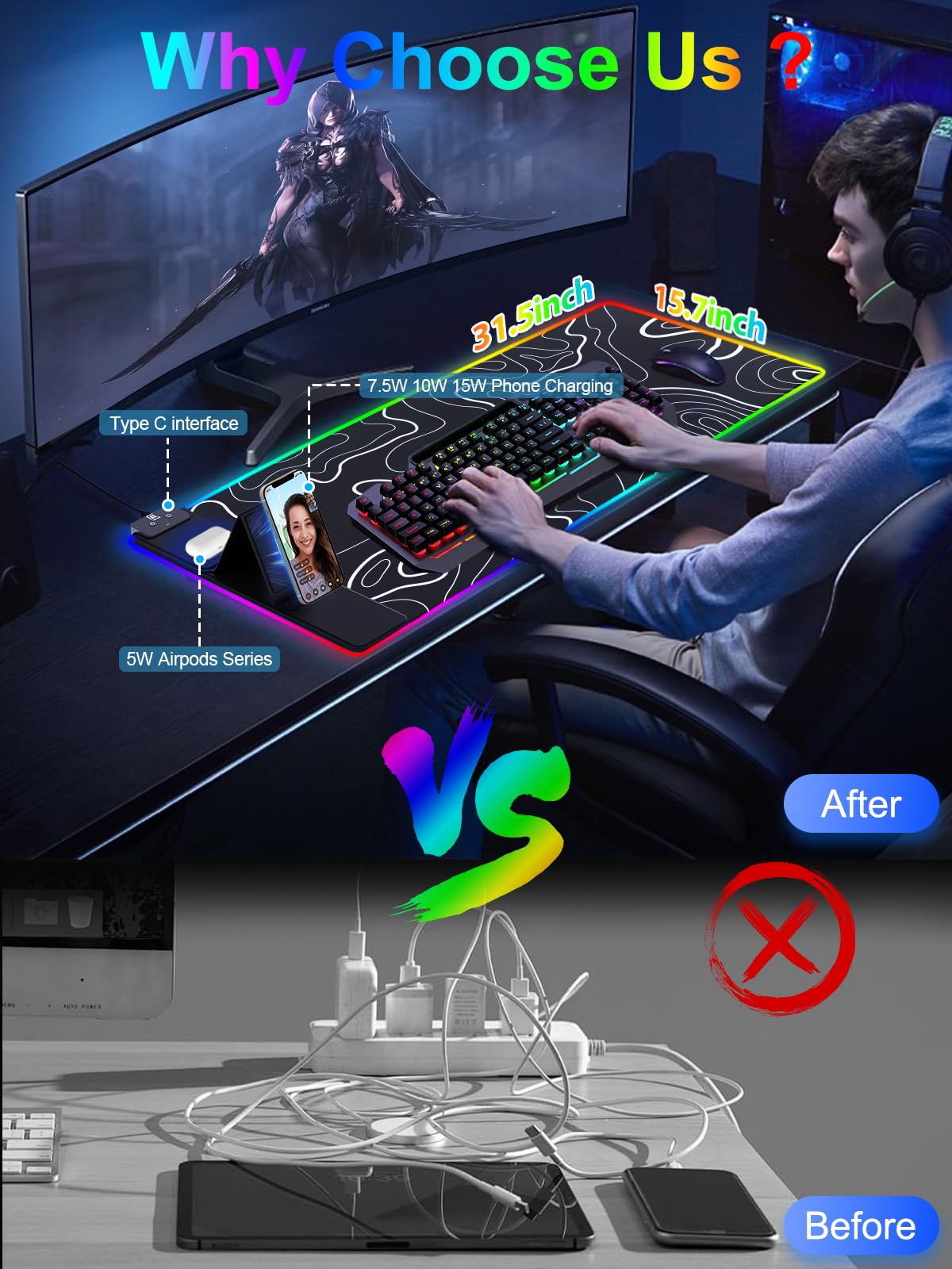 XXL Mouse Pad with Phone Holder - Black, RGB Desk Mat with 15W Fast Charging, LED Gaming Mousepad with 11 Light Colors, Waterproof Non-Slip Pad for Office & Home (Wave) - Flex Gamingproduct_type