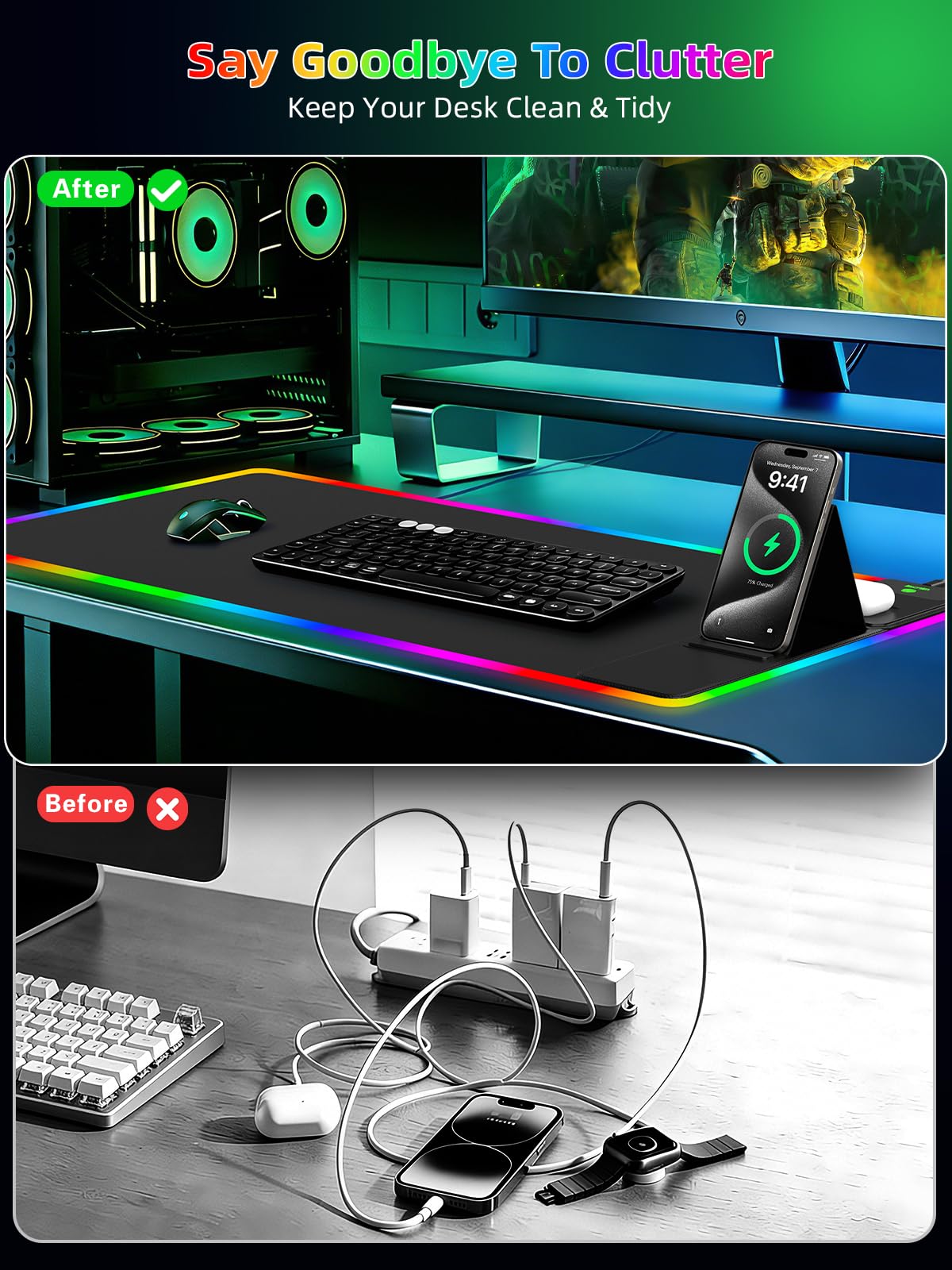 XXL Mouse Pad with Phone Holder - Black, RGB Desk Mat with 15W Fast Charging, LED Gaming Mousepad with 11 Light Colors, Waterproof Non-Slip Pad for Office & Home (Wave) - Flex Gamingproduct_type