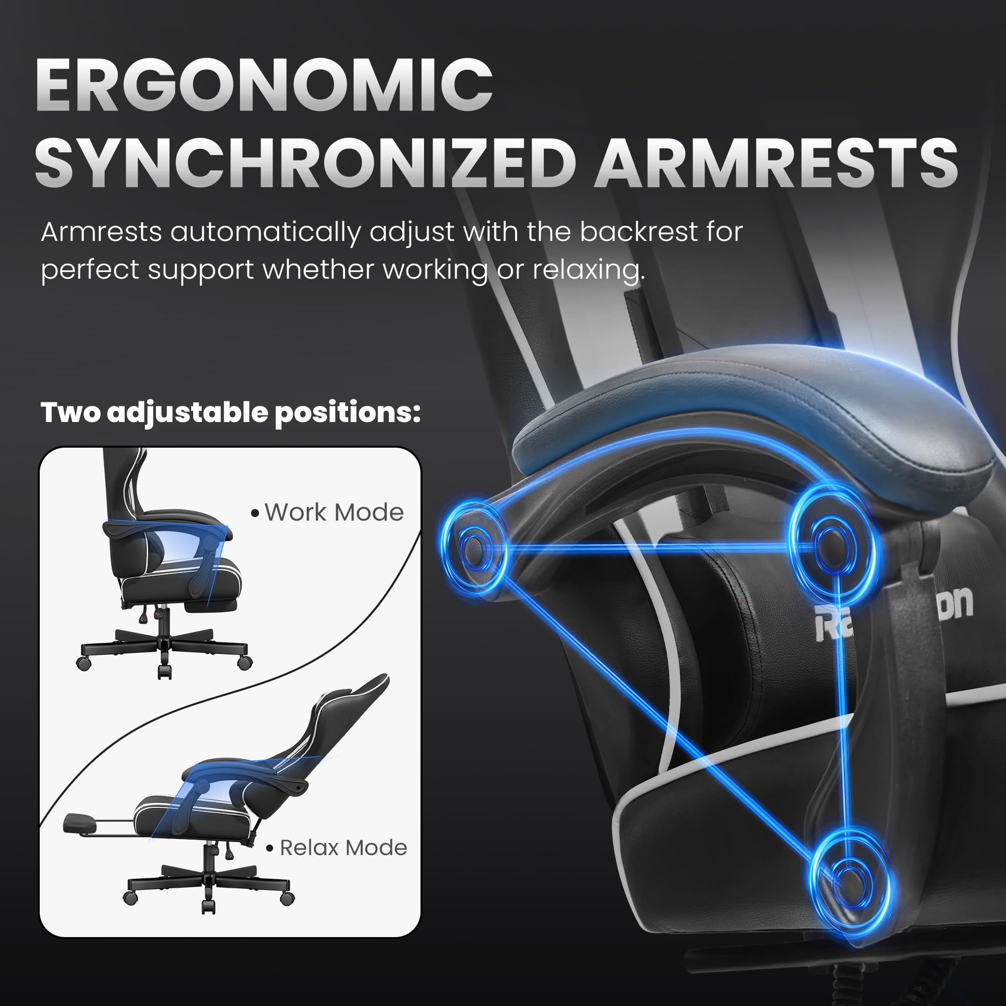 Gaming Chair for Adults Gamer Game Ergonomic PC Chair, 7-Point Support | Pocket Springs & Foam,51cm Wide Seat,Sync Armrests, 90°-135° Backrest, PU Leather, Black and White, 400lbs Load - Flex Gamingproduct_type