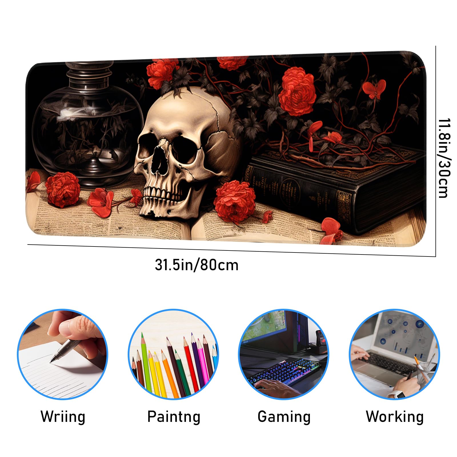 Japanese Dark Red Moon Gaming Mouse Pad, Extended Mouse Pad with Non-Slip Base, Full Keyboard Pad with Stitched Edges, Large Desk Pad for Gaming, Office, Home 31.5 x 11.8 Inch - Flex Gamingproduct_type