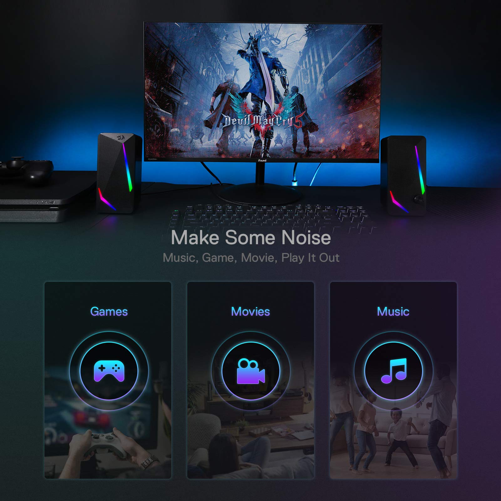 Redragon GS510 RGB Desktop Speakers, 2.0 Channel PC Computer Speaker with 4 Colorful LED Backlight Modes, Enhanced Bass and Easy-Access Volume Control, USB Powered w/ 3.5mm Cable - Flex Gamingproduct_type