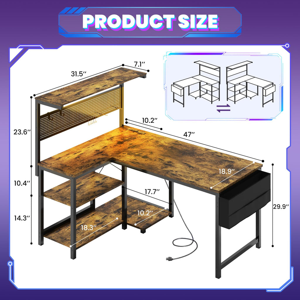 Apicizon L Shaped Desk Gaming Desk with LED Light & Power Outlet, 47 Inch Reversible Computer Desk with Pegboard & Shelf & Storage Bag for Home Office, Black - Flex Gamingproduct_type