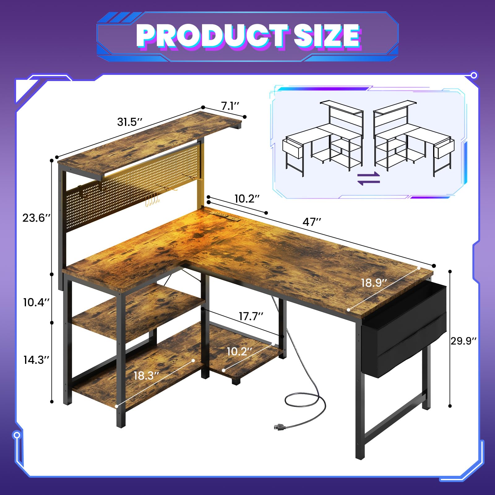 Apicizon L Shaped Desk Gaming Desk with LED Light & Power Outlet, 47 Inch Reversible Computer Desk with Pegboard & Shelf & Storage Bag for Home Office, Black - Flex Gamingproduct_type