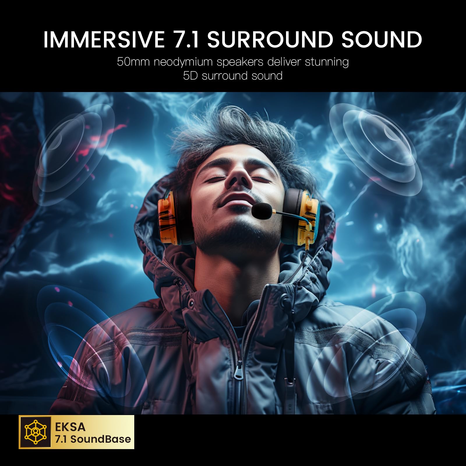 EKSA USB Gaming Headset for PC, Computer Gaming Headphones with Detachable Microphone Noise Cancelling, 7.1 Surround Sound, 50MM Driver, Wired Headset for PS4 PS5, Xbox One, Laptop (Yellow) - Flex Gamingproduct_type