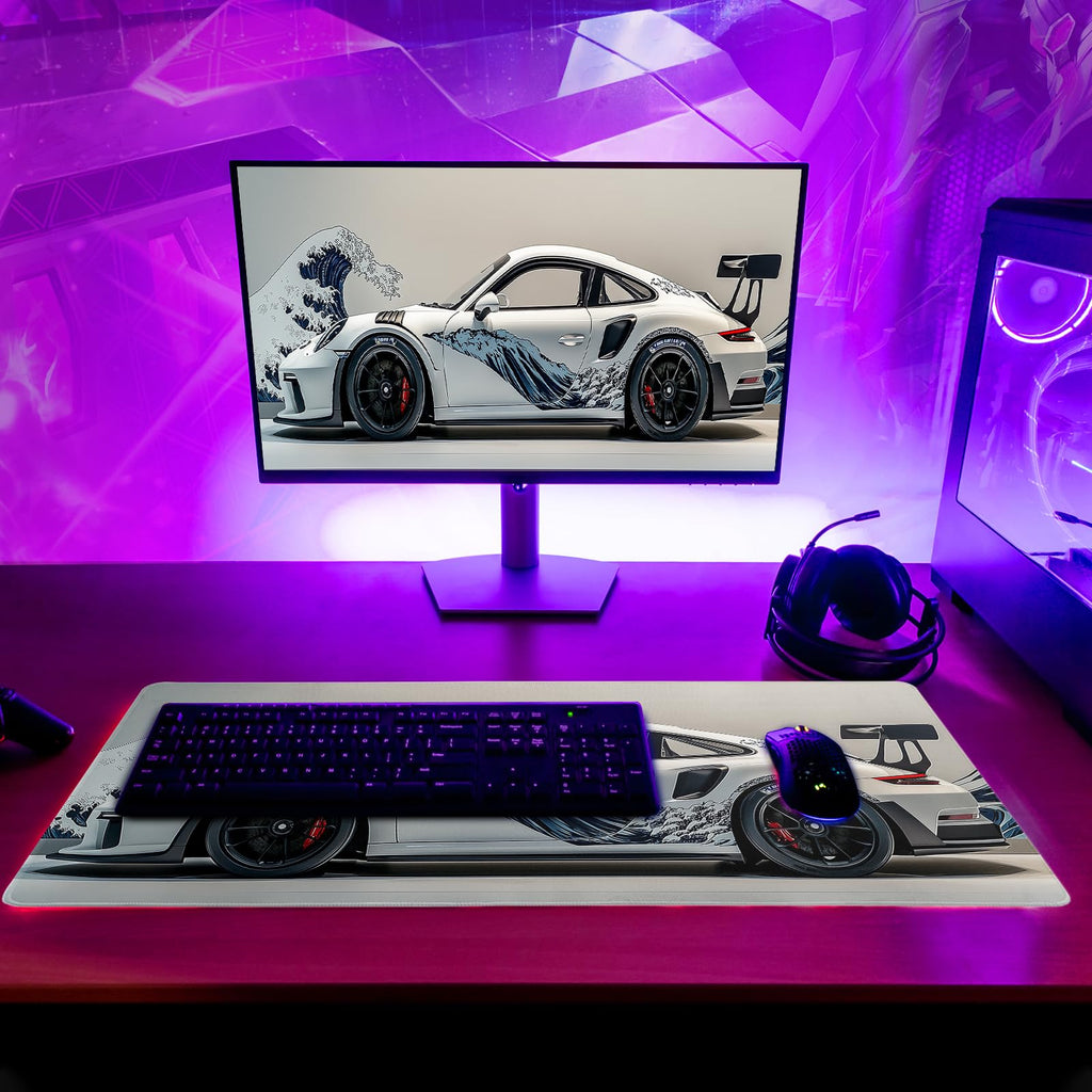 White Ukiyo-e Style Sports Car Large Gaming Mouse Pad Desktop Mat 31.5x11.8 Inch - Non-Slip Rubber Base - for Gamers - Perfect for Gamers & PC Enthusiasts - Flex Gamingproduct_type