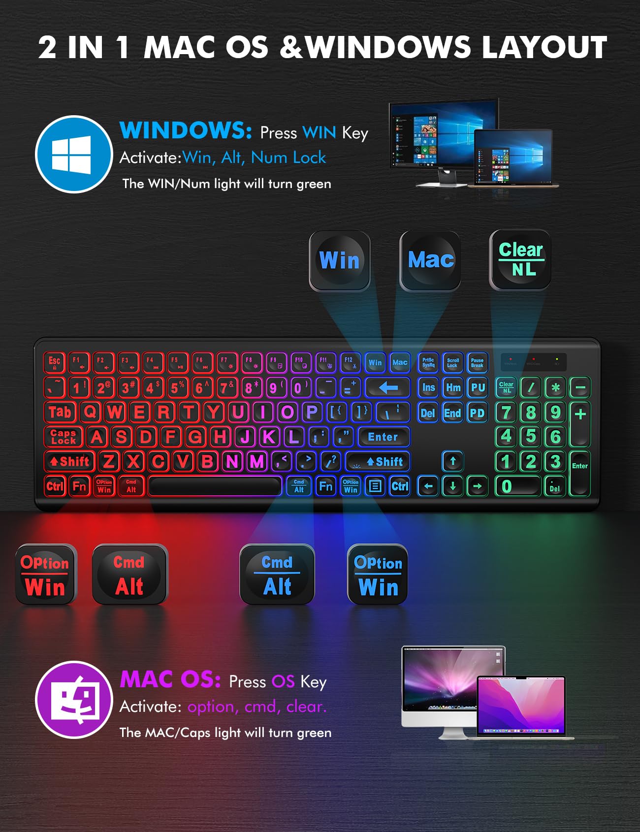 Wireless Keyboard and Mouse Combo, RGB Backlit, Rechargeable & Light Up Letters, Full-Size, Soft Typing, Sleep Mode, 2.4GHz Quiet Keyboard Set for Mac, Windows, Laptop, PC, Trueque KM42Pro (Black) - Flex Gamingproduct_type