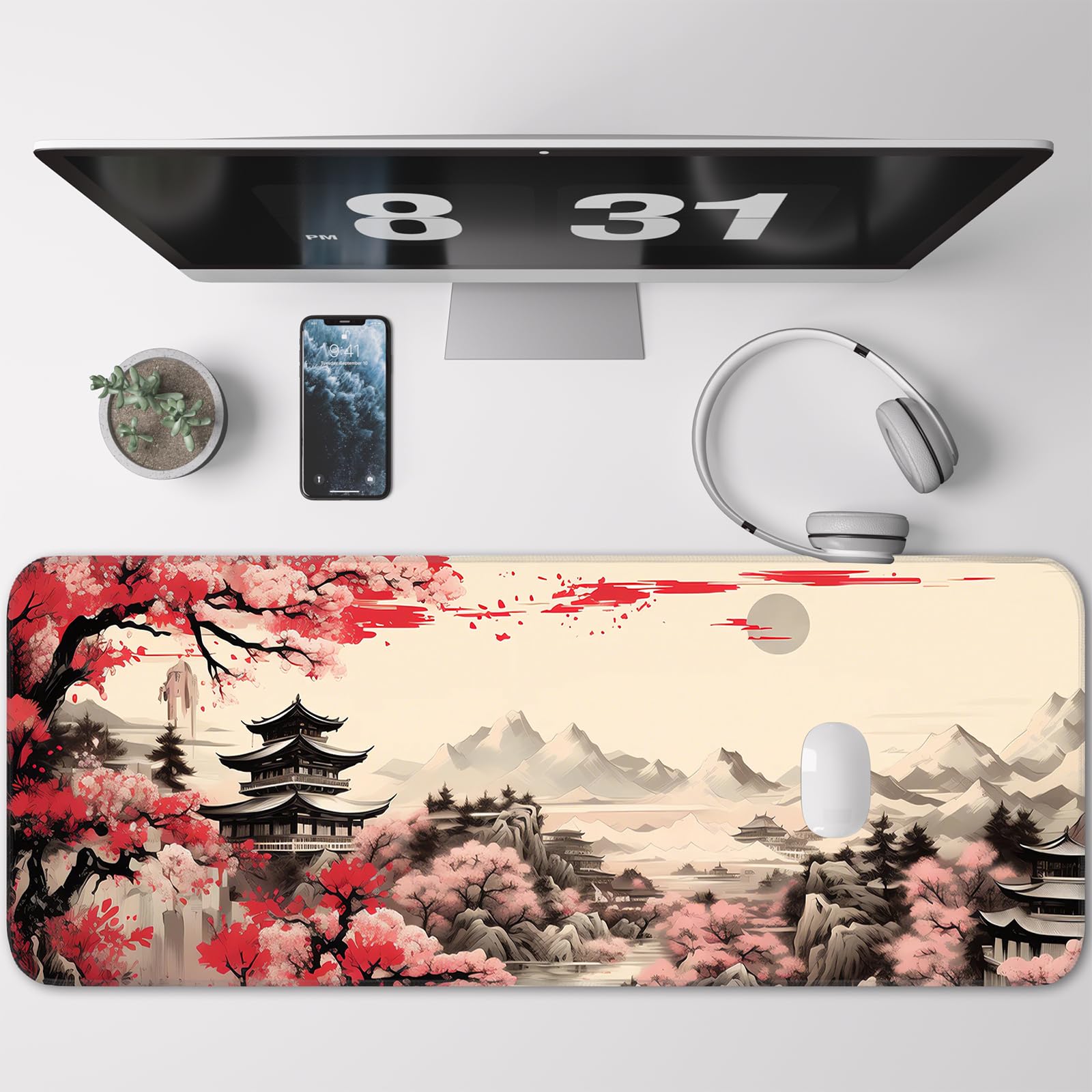 Japanese Dark Red Moon Gaming Mouse Pad, Extended Mouse Pad with Non-Slip Base, Full Keyboard Pad with Stitched Edges, Large Desk Pad for Gaming, Office, Home 31.5 x 11.8 Inch - Flex Gamingproduct_type