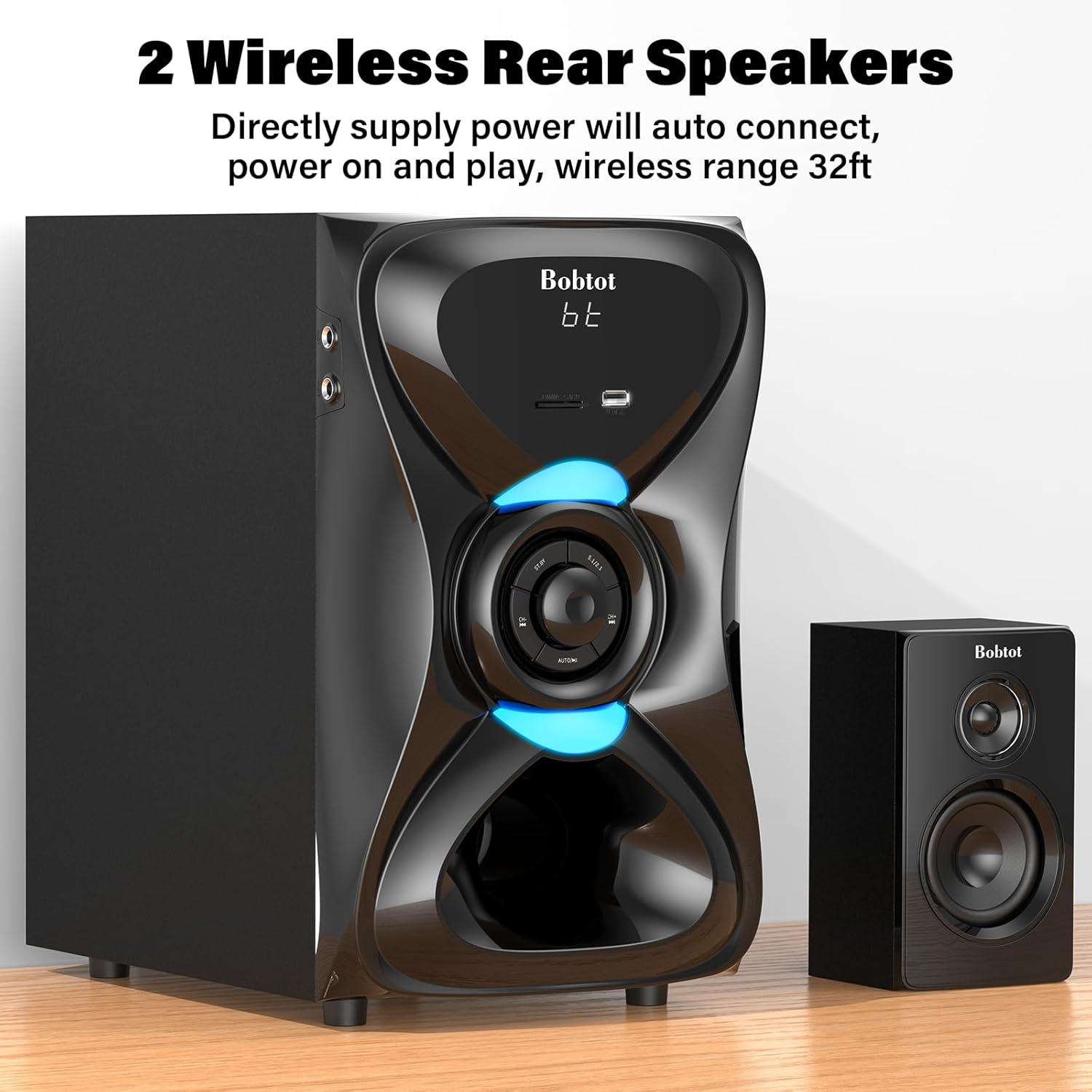 Bobtot Surround Sound Systems Wireless Rear Satellite Speakers - 1000W Peak Deep Bass 8 inch Subwoofer 5.1/2.1 Channel Home Theater System with ARC Optical Bluetooth Karaoke Input - Flex Gamingproduct_type