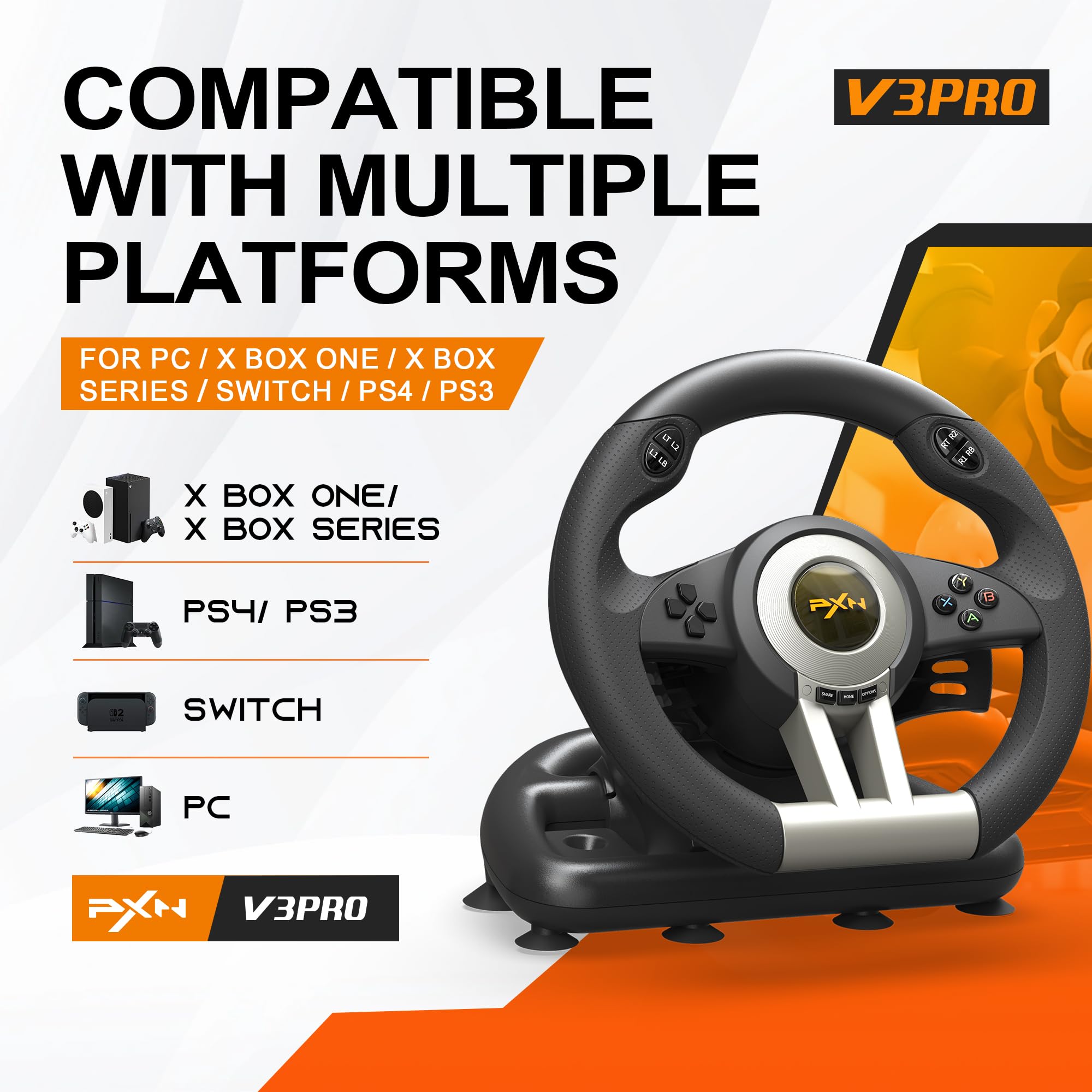 PXN V3 Pro Gaming Steering Wheel with Pedals | Dual Motor Vibration Feedback, Beginner Sim Racing Wheel for PC, PS4, Xbox Series S, Xbox Series X, Xbox One and Switch - Flex Gamingproduct_type