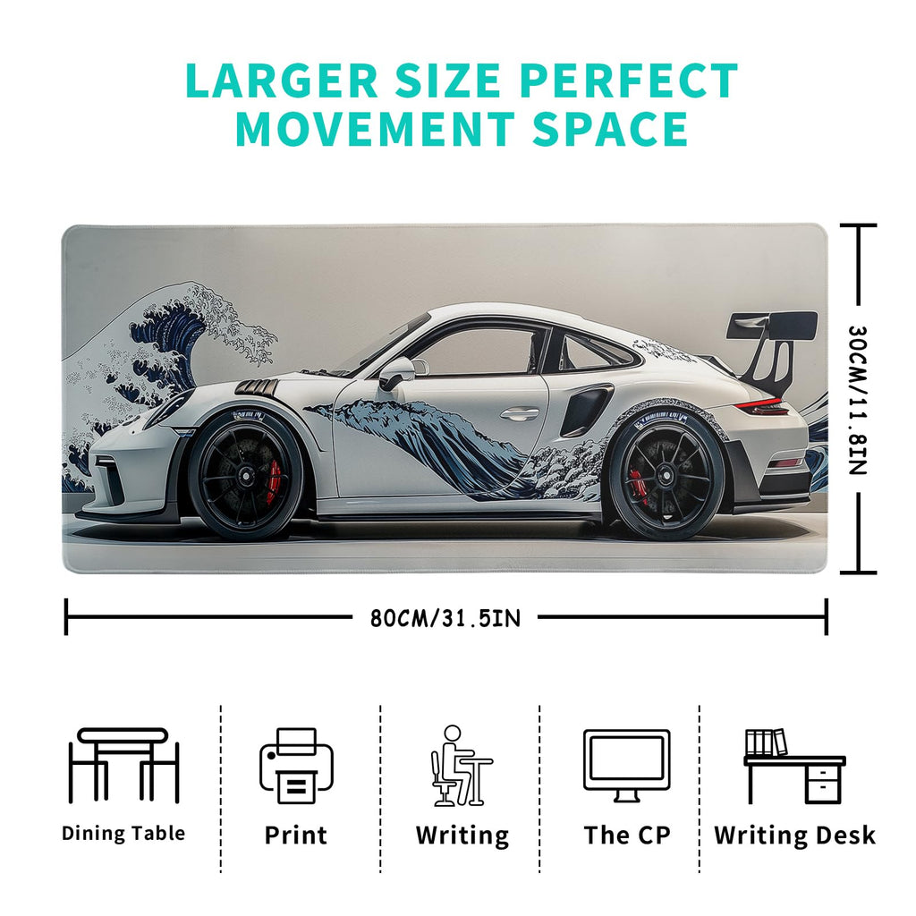 White Ukiyo-e Style Sports Car Large Gaming Mouse Pad Desktop Mat 31.5x11.8 Inch - Non-Slip Rubber Base - for Gamers - Perfect for Gamers & PC Enthusiasts - Flex Gamingproduct_type