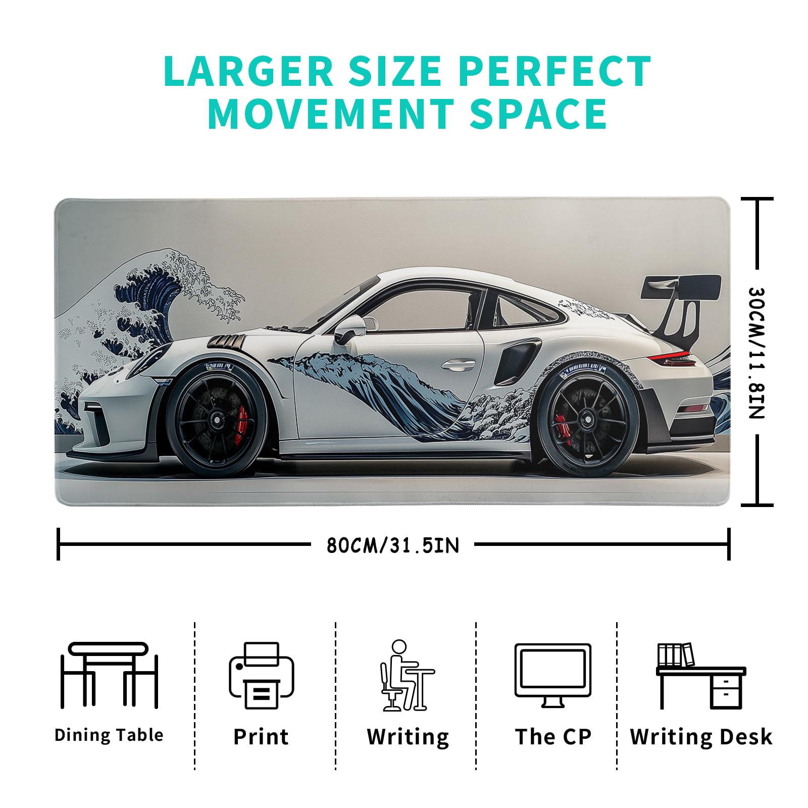 White Ukiyo-e Style Sports Car Large Gaming Mouse Pad Desktop Mat 31.5x11.8 Inch - Non-Slip Rubber Base - for Gamers - Perfect for Gamers & PC Enthusiasts - Flex Gamingproduct_type