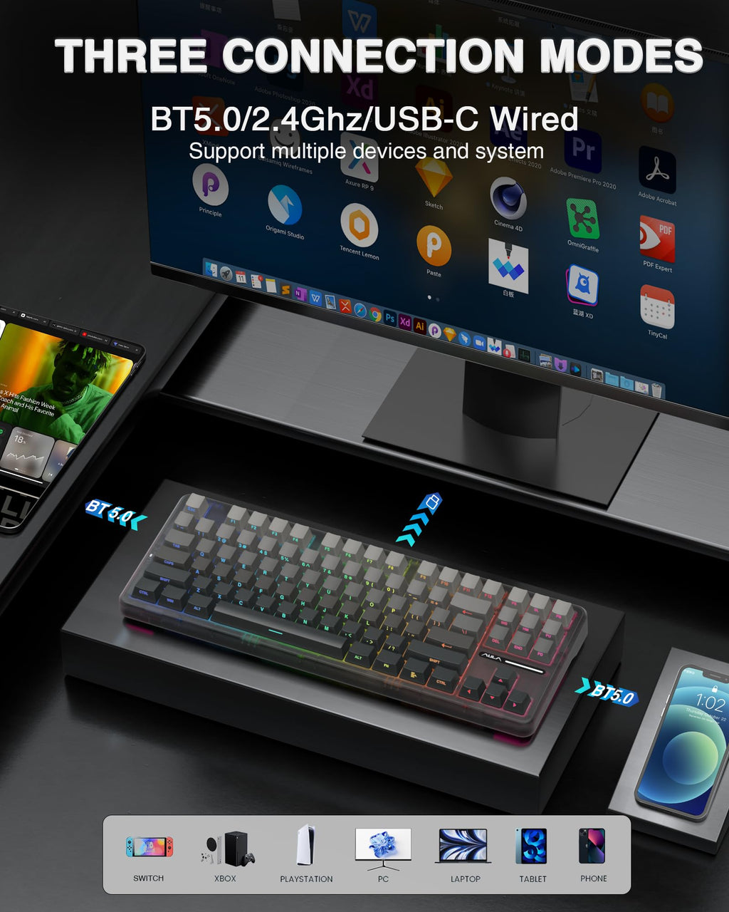 AULA F75 Pro Wireless Mechanical Keyboard,75% Hot Swappable Custom Keyboard with Knob,RGB Backlit,Pre-lubed Reaper Switches,Side Printed PBT Keycaps,2.4GHz/USB-C/BT5.0 Mechanical Gaming Keyboards - Flex Gamingproduct_type