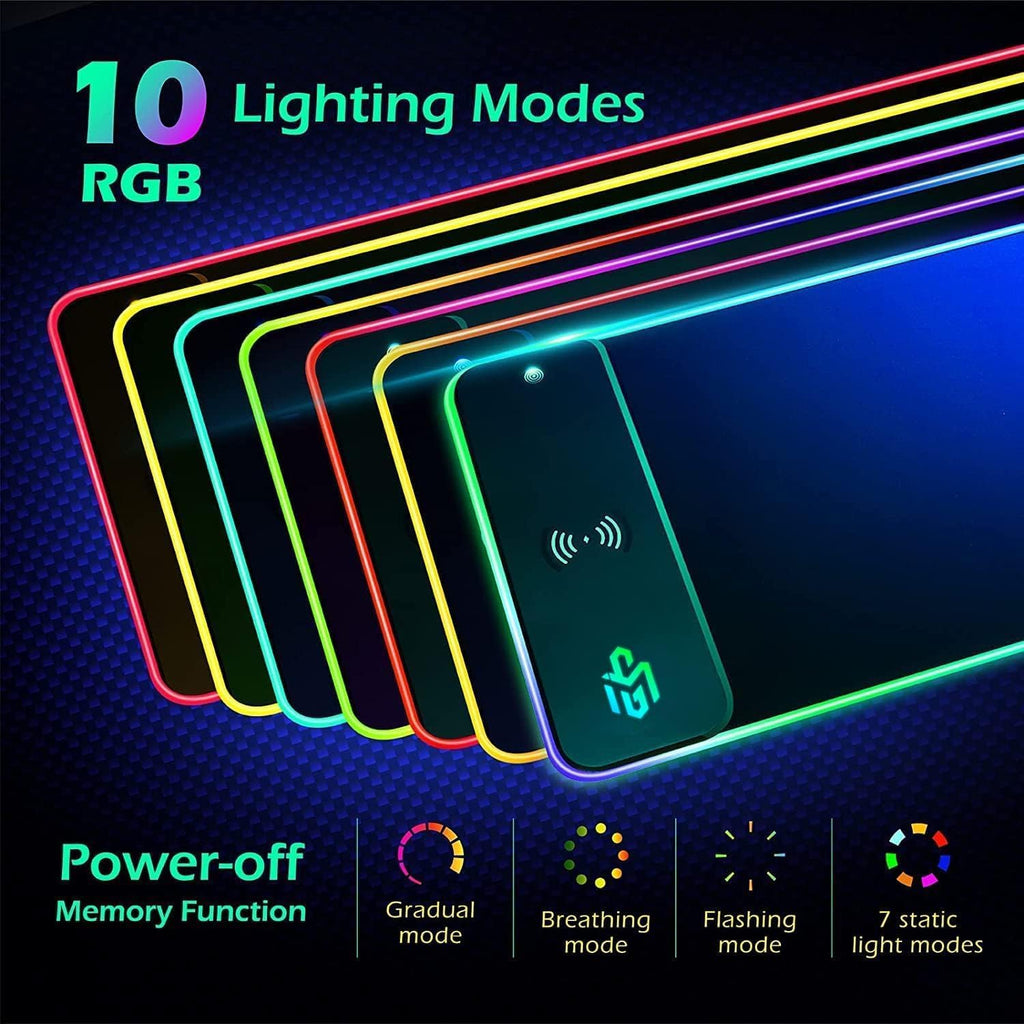 GIM Wireless Charging RGB Gaming Mouse Pad 15W, LED Mouse Mat 800x300x4MM, 10 Light Modes Extra Large Mousepad Non-Slip Rubber Base Computer Keyboard Mat for Gaming, MacBook, PC, Laptop, Desk - Flex Gamingproduct_type